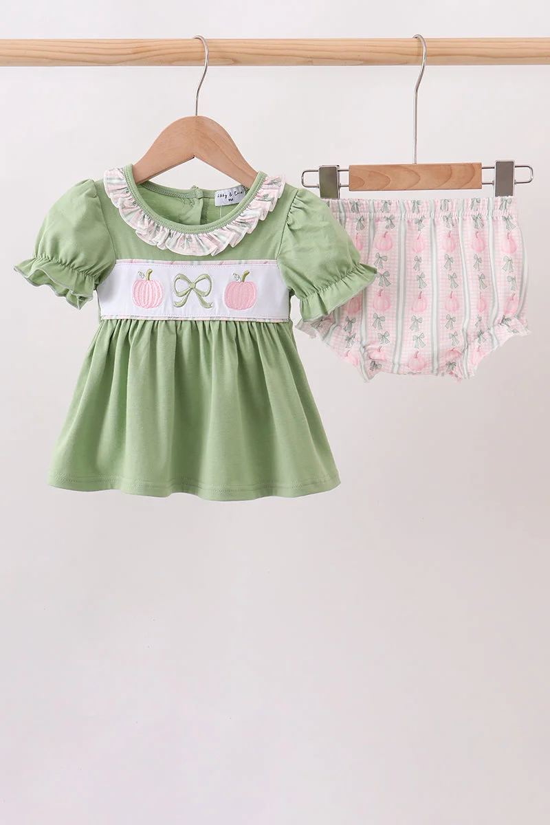 Specialty Sage Pumpkin Bow Embroidery Bloomer Set Trusted