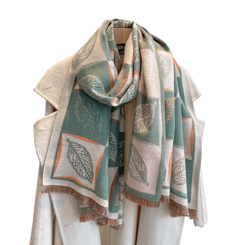 Artisan Green Orange Leaves Patterned Fringe-Trimmed Scarf Breathable