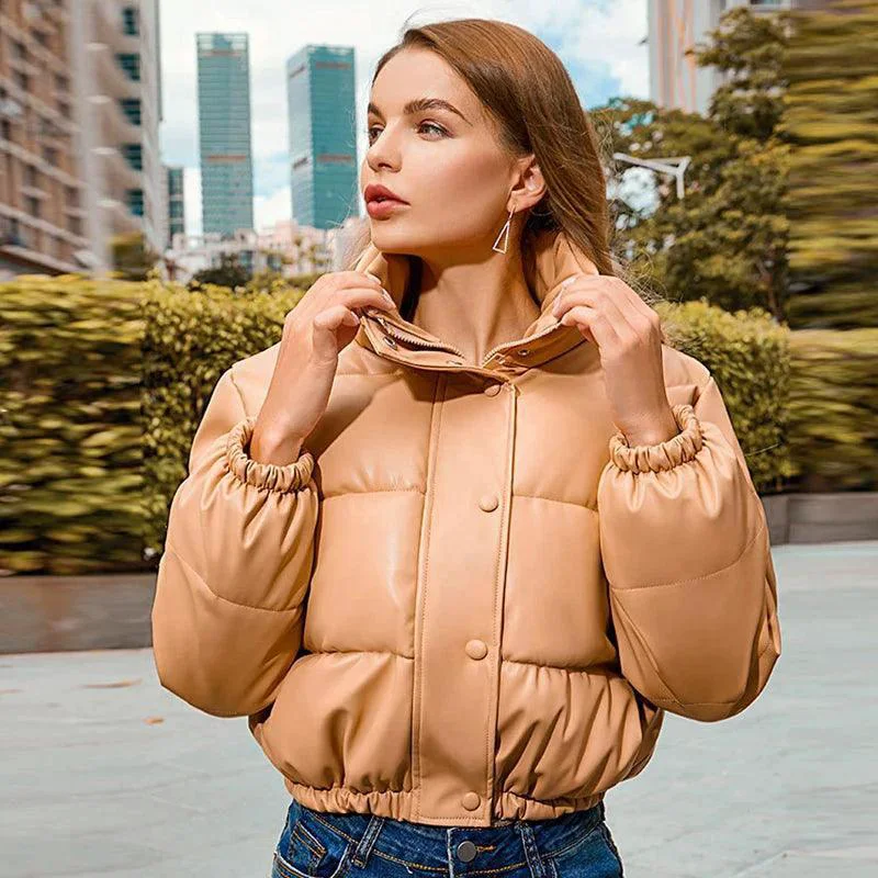 Detailed Chic Winter PU Leather Jackets Natural