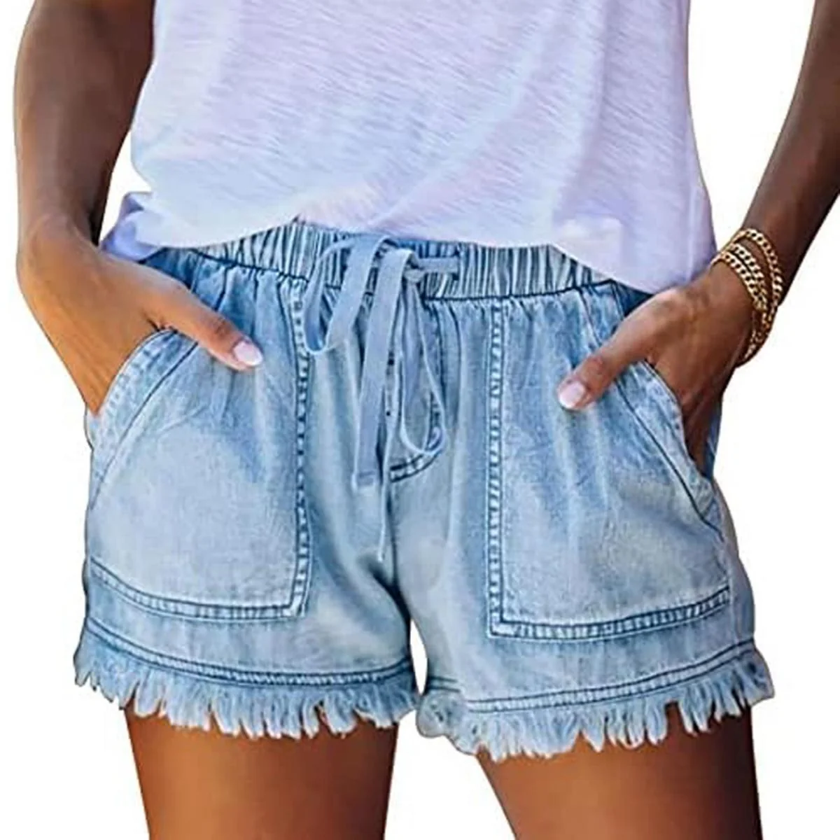 Comfortable Women's Drawstring Waist Frayed Hem Denim Shorts Minimalist