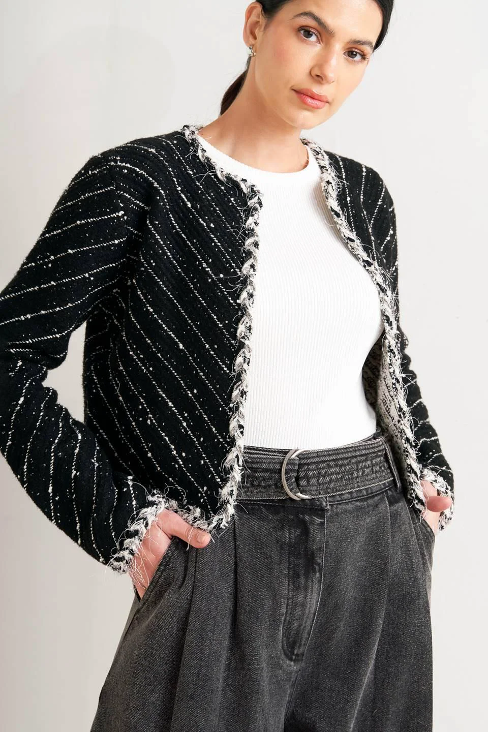 Traditional Noir Linear Sweater Knit Jacket Environmentally Friendly