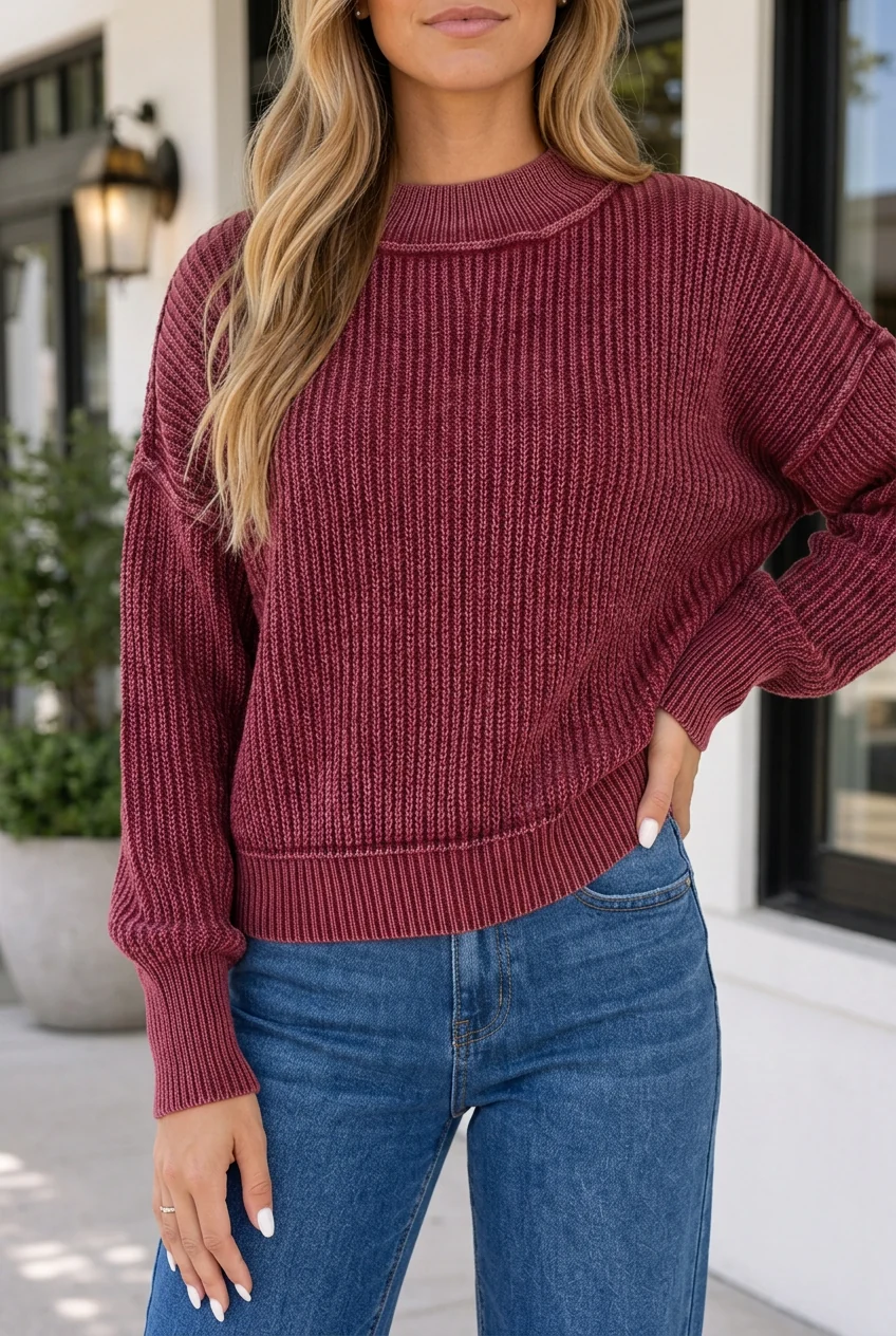 Advanced Briana Shoulder High Ribbed Sweater Detailed