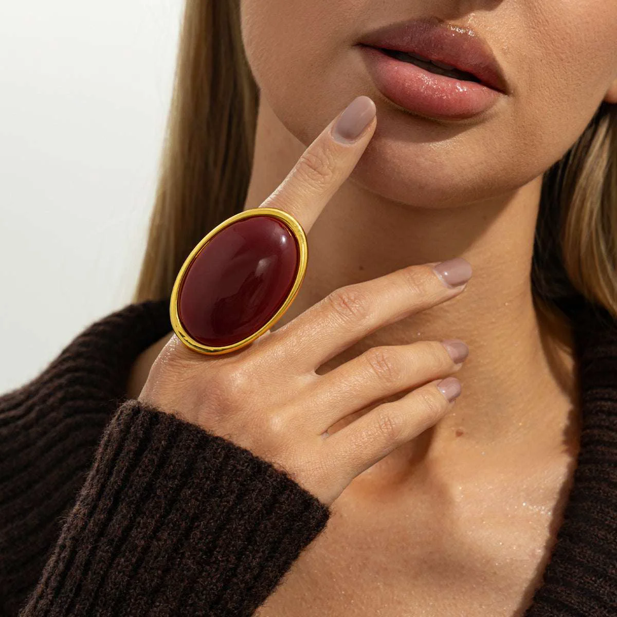 Advanced Red Resin Goldtone Oval Statement Open Ring Consistent