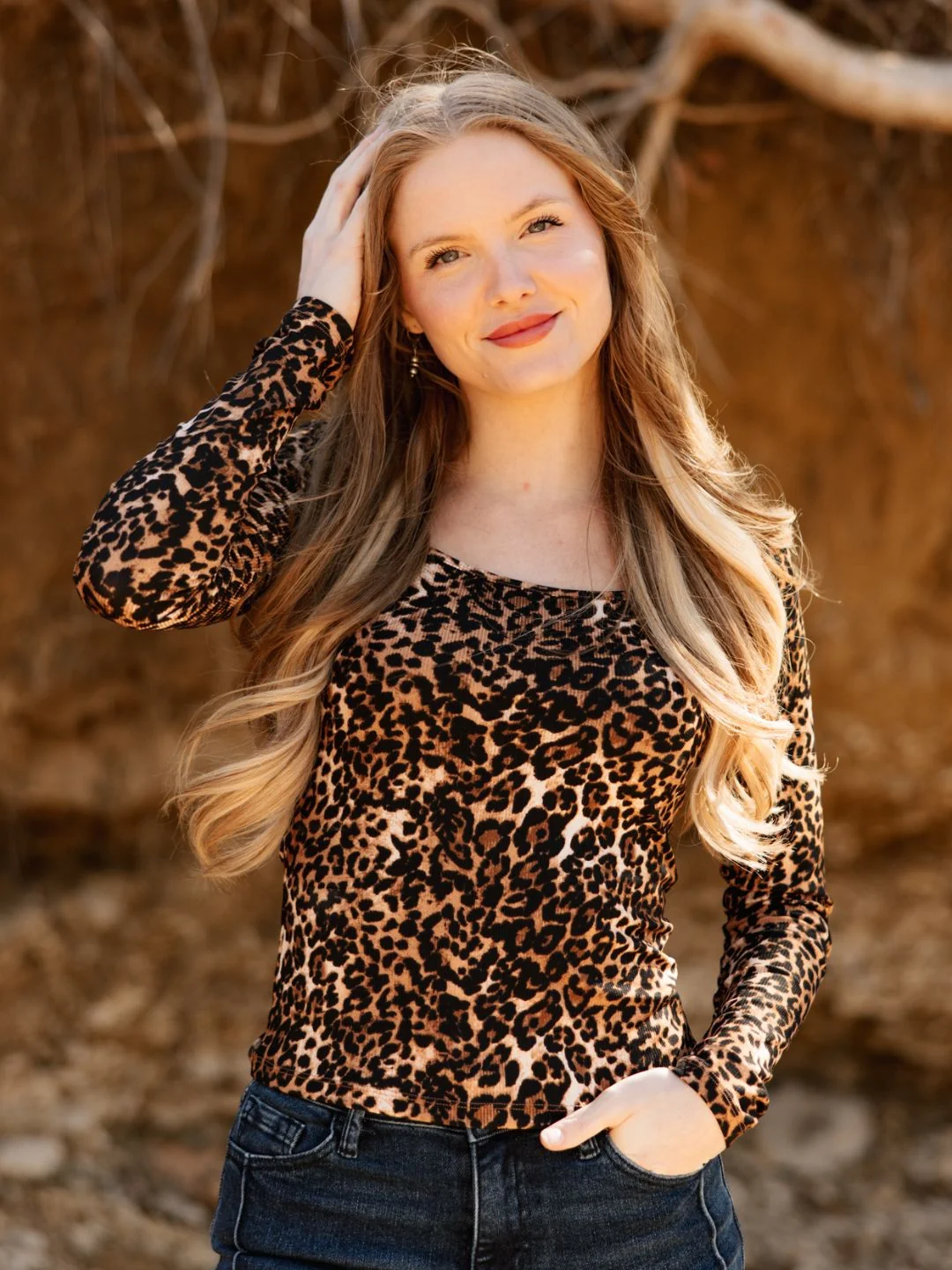Contemporary Square Neck Long Sleeve Top Leopard Selected