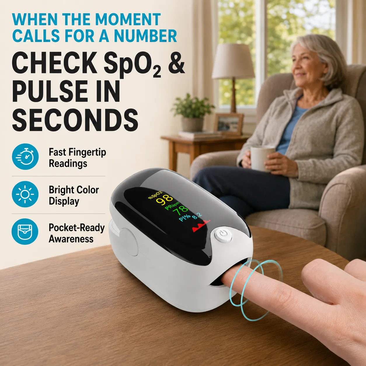 Certified Fingertip Pulse Oximeter — Quick SpO2 Heart Rate at Home A Fingertip Pulse Oximeter for At-Home Awareness Not a Diagnosis Environmentally Friendly