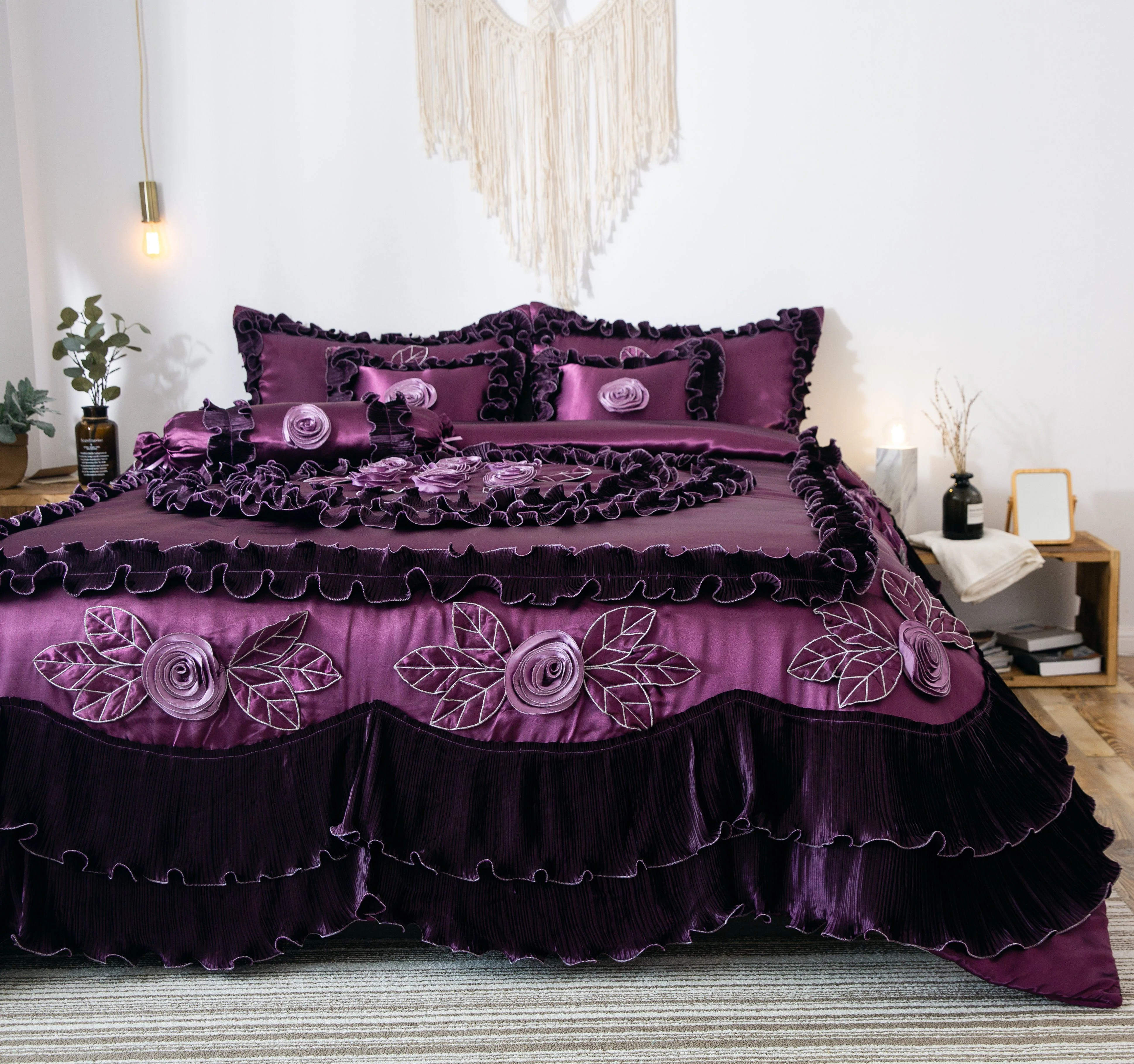 Consistent Tache Satin Ruffle Dark Purple Floral Midnight Bloom Comforter BM-6438 Recyclable