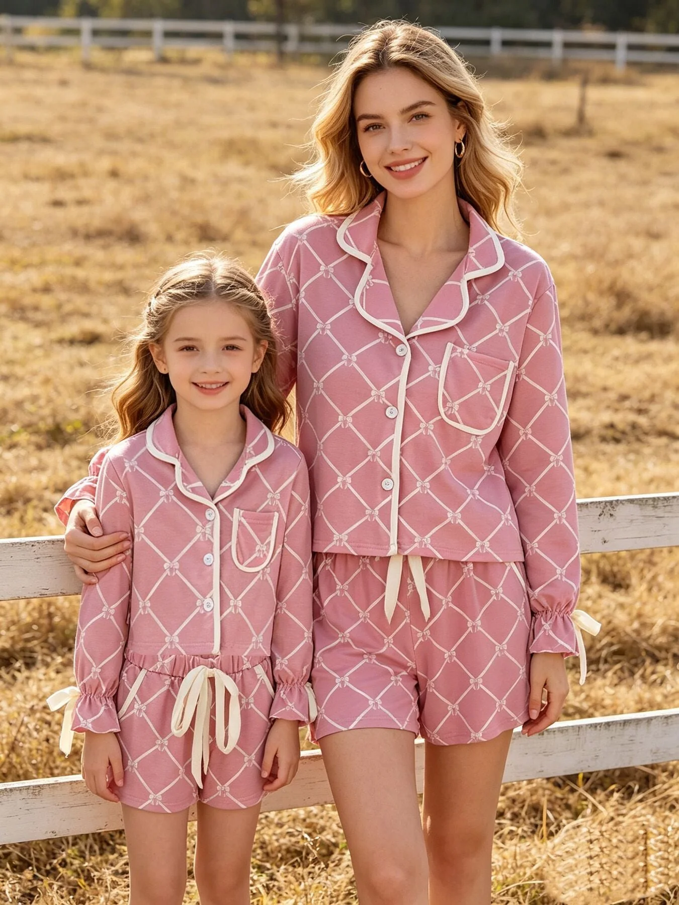 Versatile Mommy me Autumn Check Bow Girls Lapel Pajamas Optimized