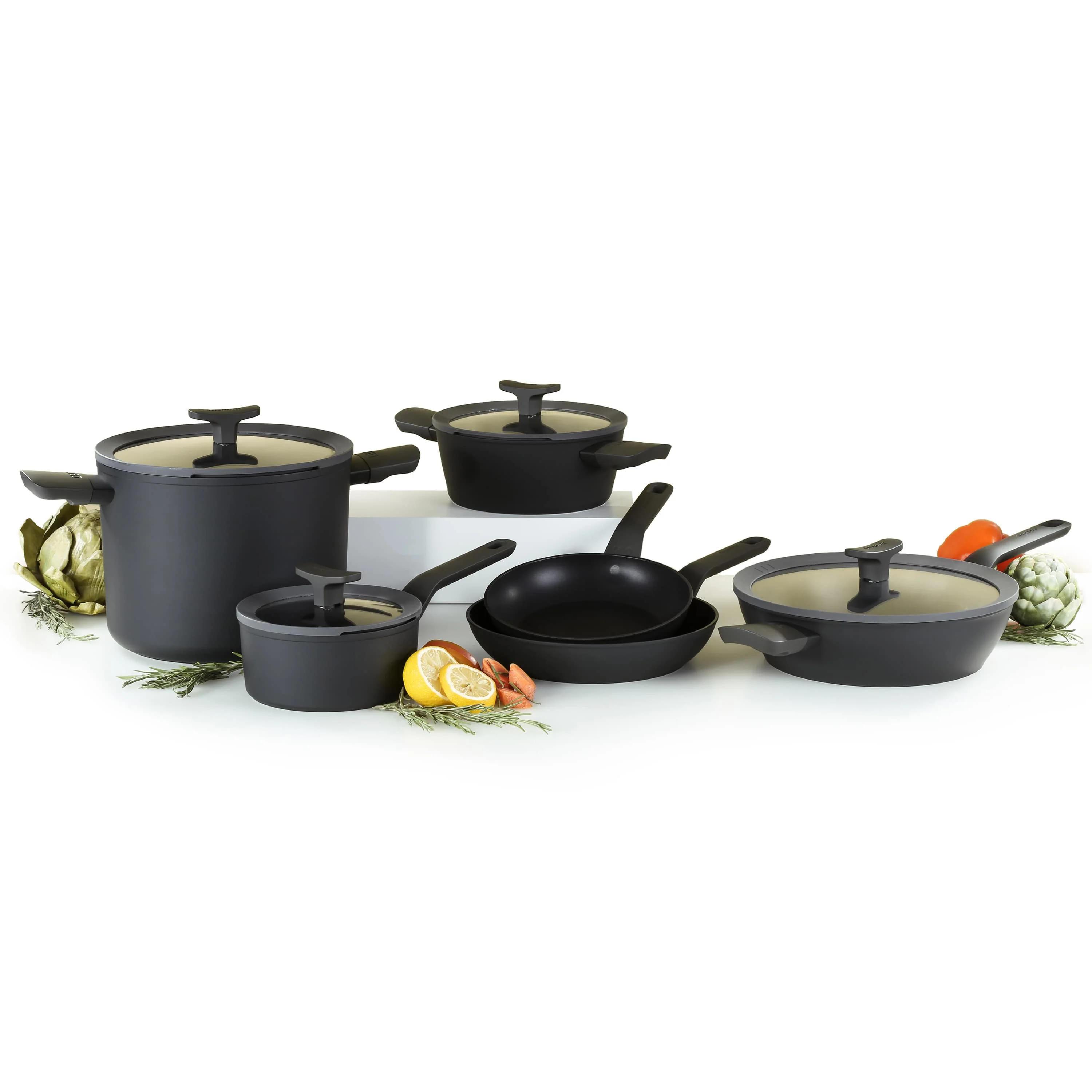 World-Class BergHOFF Leo 10Pc Nonstick Ceramic Cookware Set With Glass lid Black Recyclable