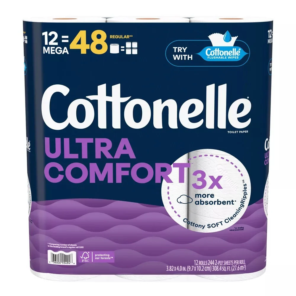 Superior Cottonelle Ultra Comfort Toilet Paper Mega Rolls for Gentle Comfortable Bathroom Care 12Ea Breathable