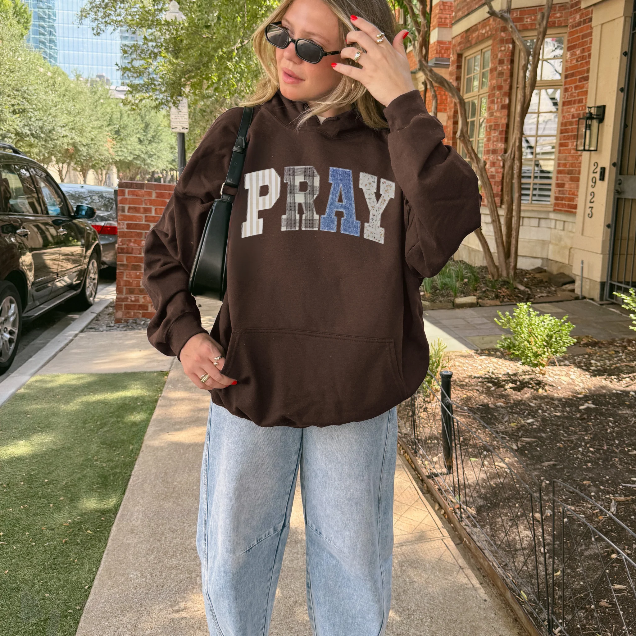 Versatile PRAY Patchwork Hoodie – Faith-Inspired Cozy Sweatshirt Premium