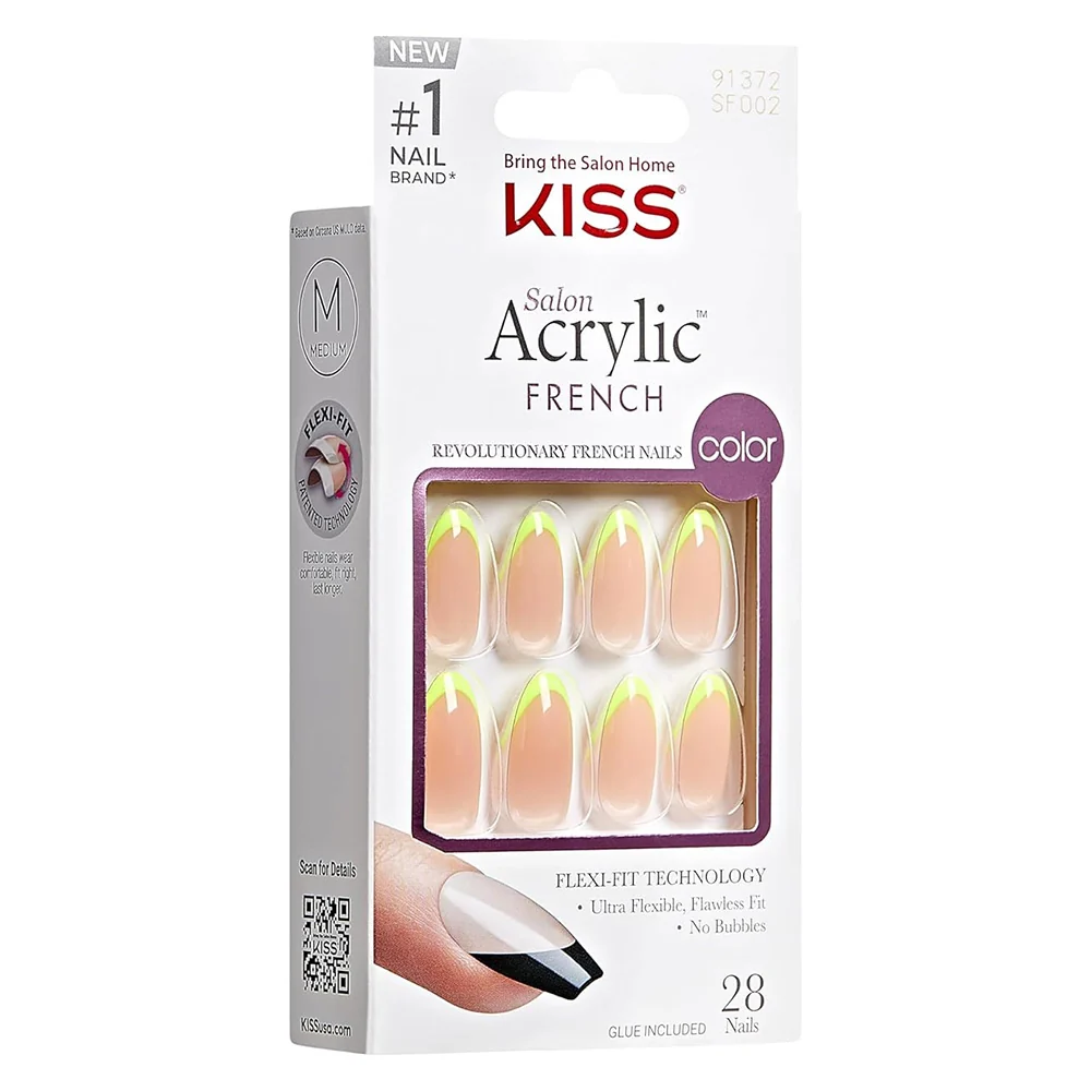 Clean Kiss Salon Acrylic Press On Fake Nails Hype Light Neon Yellow Medium Size 28Ea Top-Quality