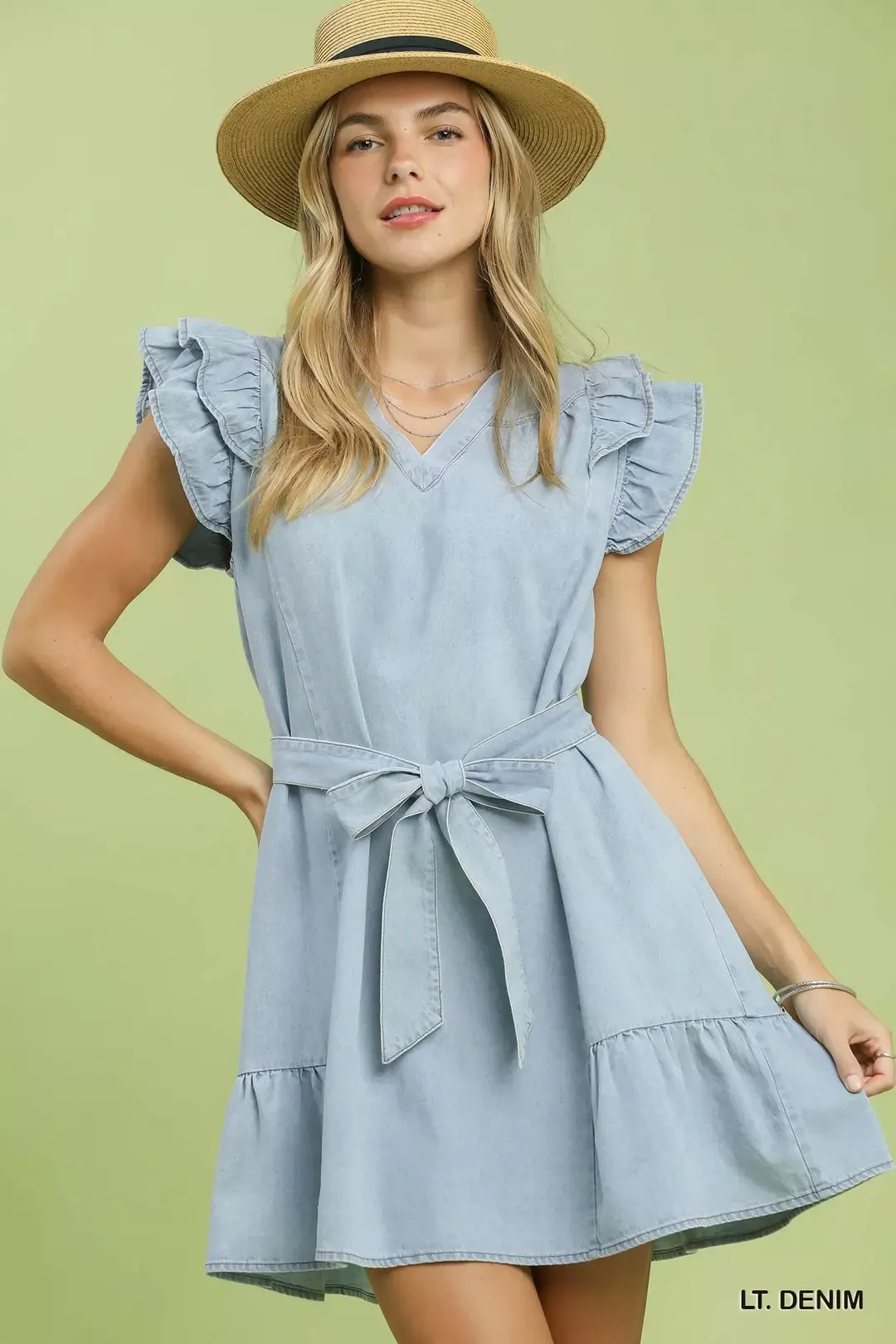 Breathable Umgee Chambray Ruffled Denim Dress with Side Pockets Specialty