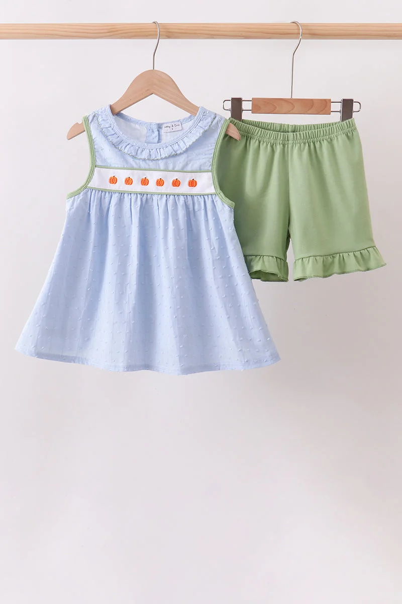 Classic Blue Pumpkin Embroidery jacquard Ruffle Shorts Set Trendy