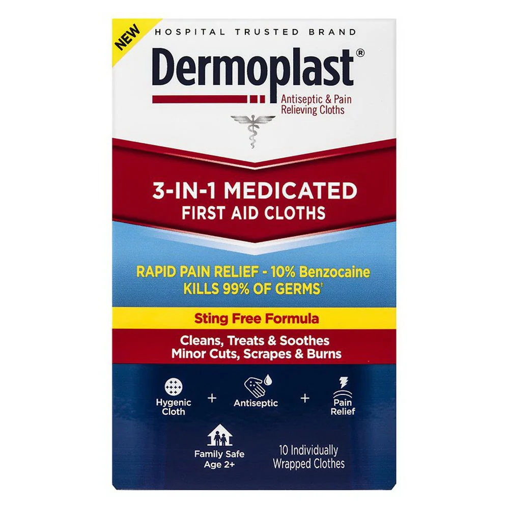 Casual Dermoplast Wound Wipes 3 in 1 Medicated Cloths Relieves Pain 10 Ea High-End
