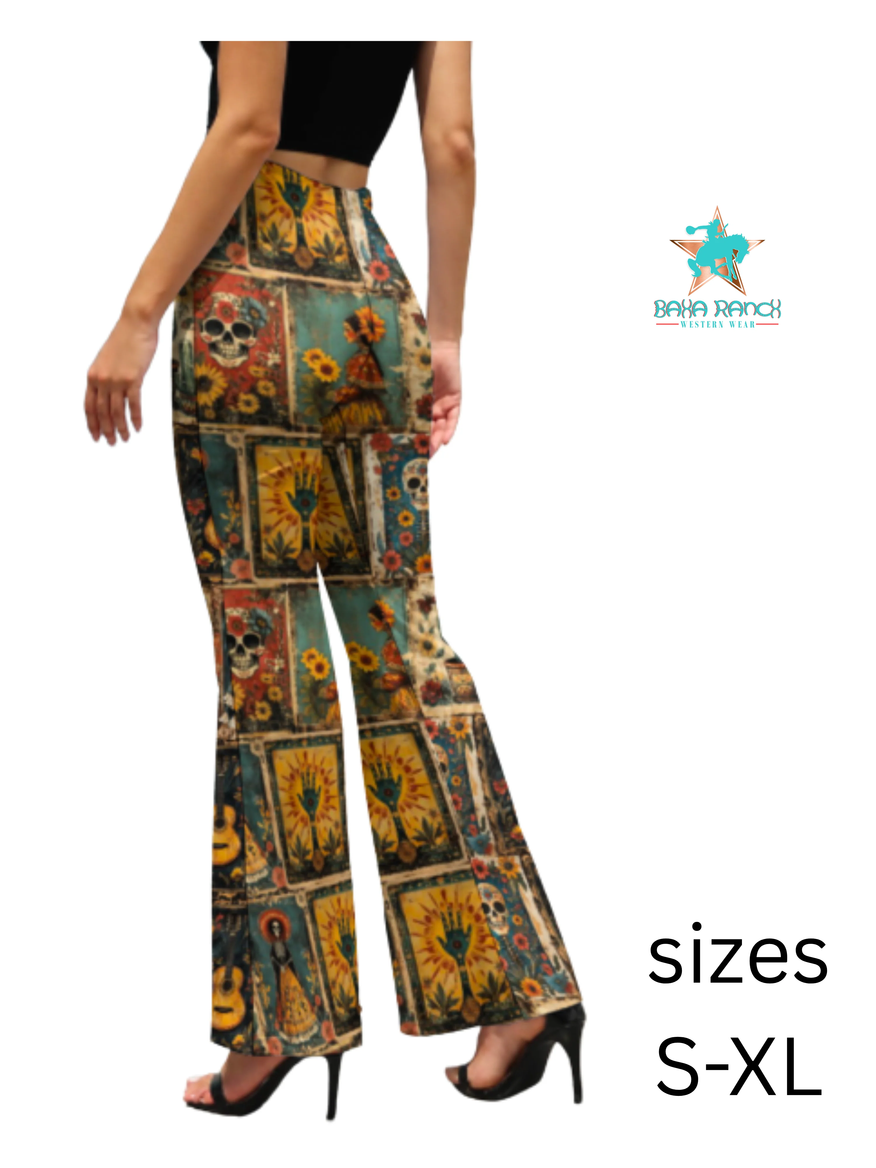 Certified Baha Ranch Colores de Mexico Dia de los Muertes Flare Pants Premium Material