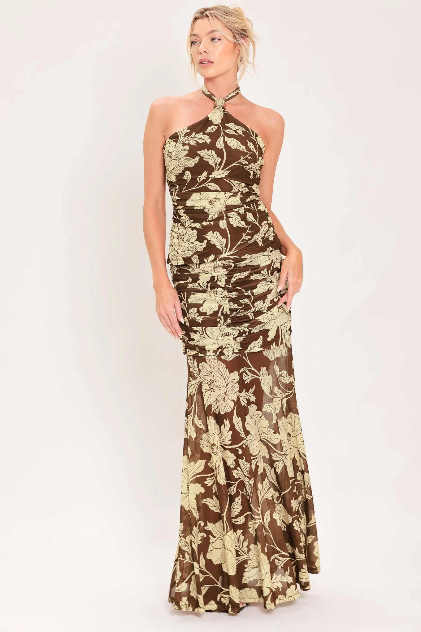 Carefully Designed Earthy Floral Temptation Power Mesh Maxi Skirt Contemporary