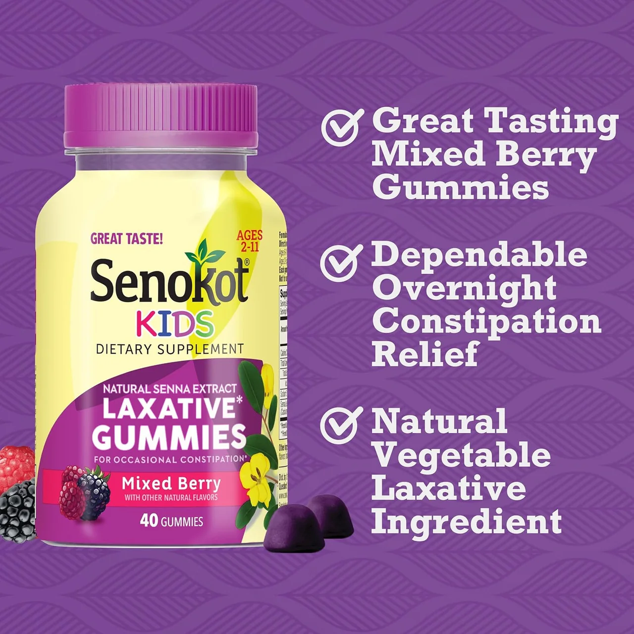 Fine Senokot Kids Dietary Supplement Laxative Gummies Mixed Berry Flavor 40 Ea Lightweight