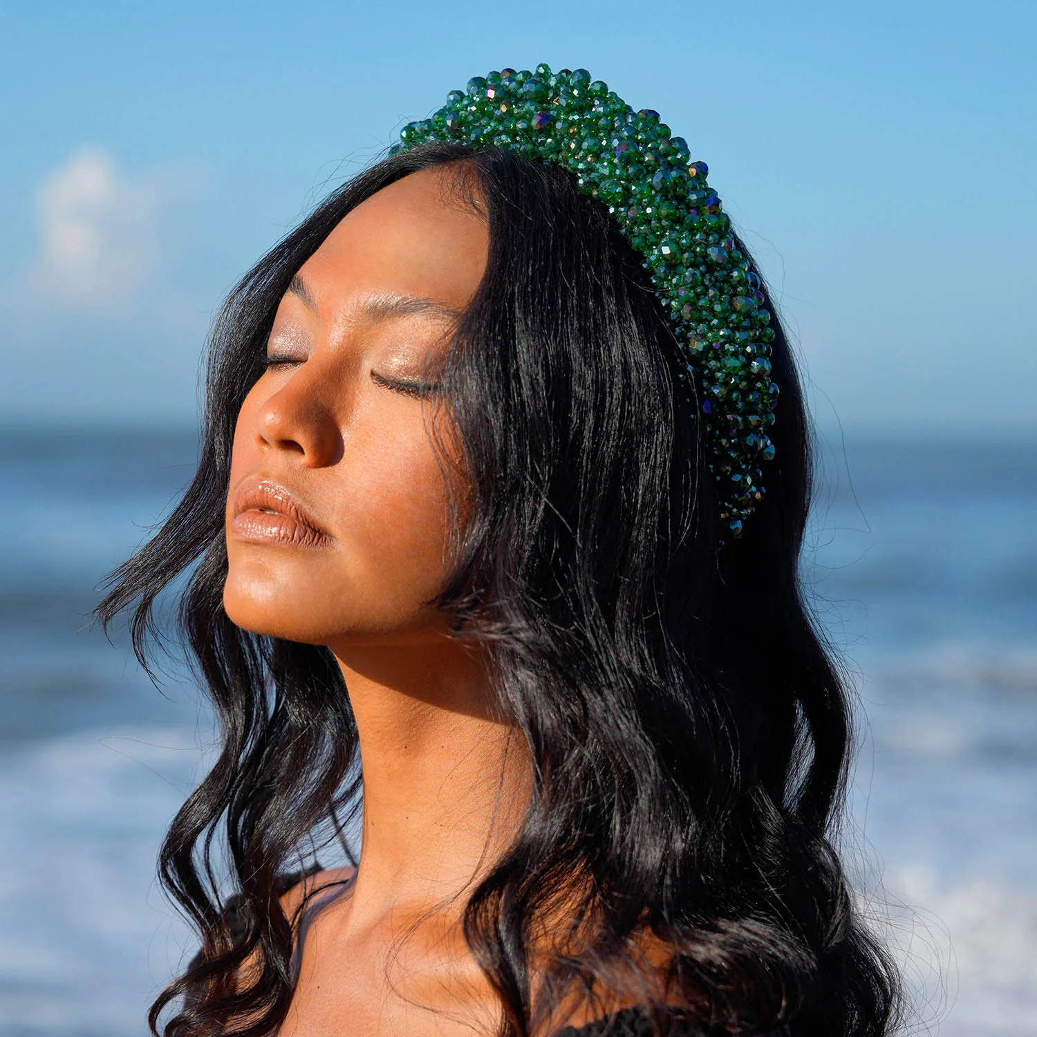 Exclusive CROWN Glass Crystal Beads Headband In Emerald Green Environmentally Friendly