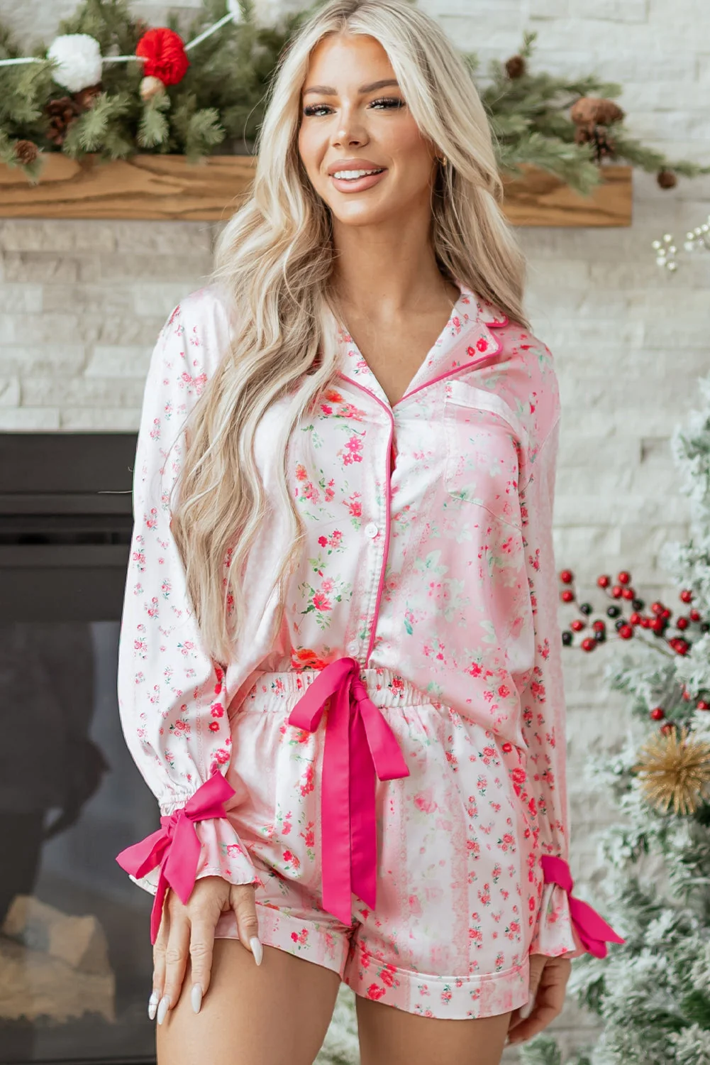 Detailed Threaded Pear Paisley Tie 2pcs Pajama Set Comfortable