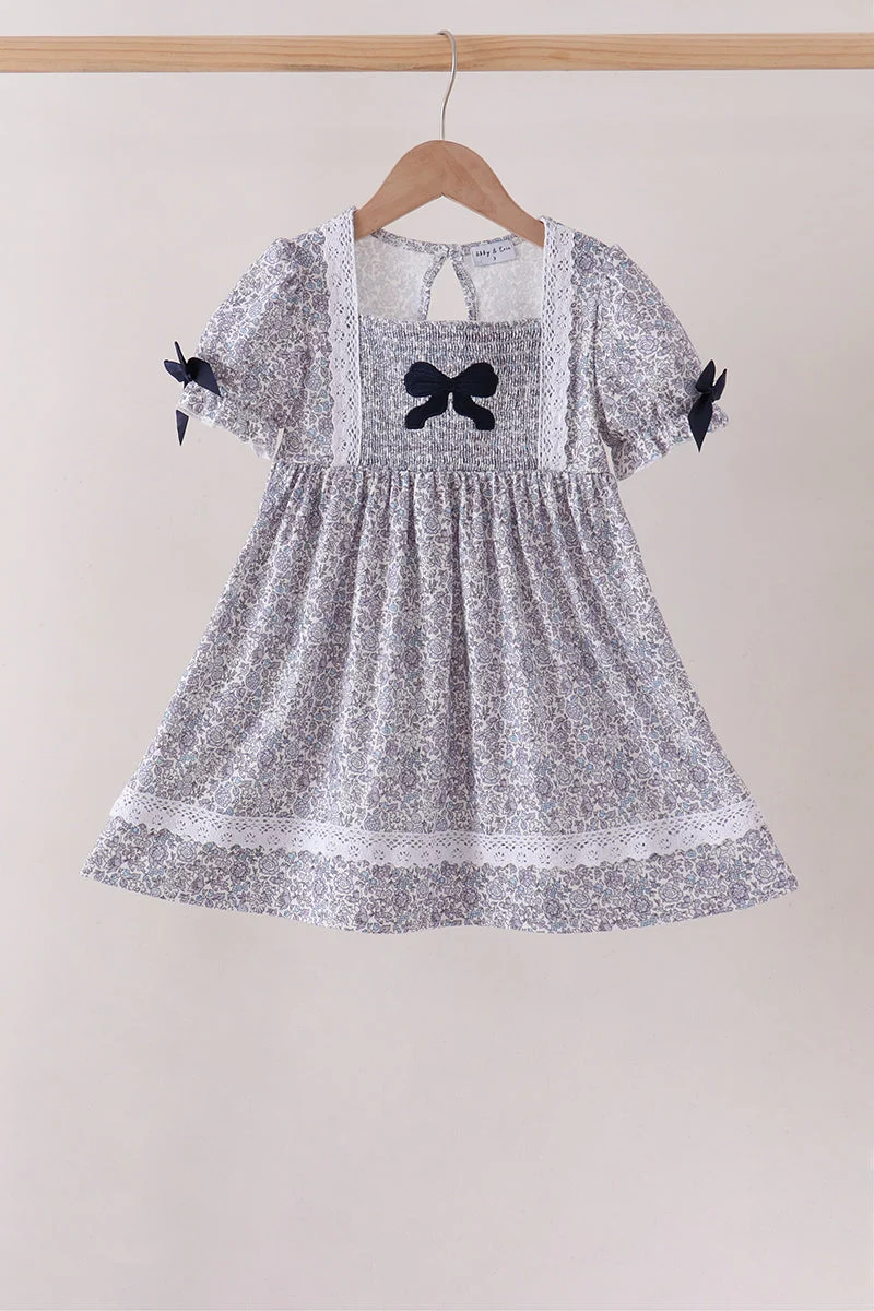Casual Navy Floral Bow Smocked Dress Expertly Made