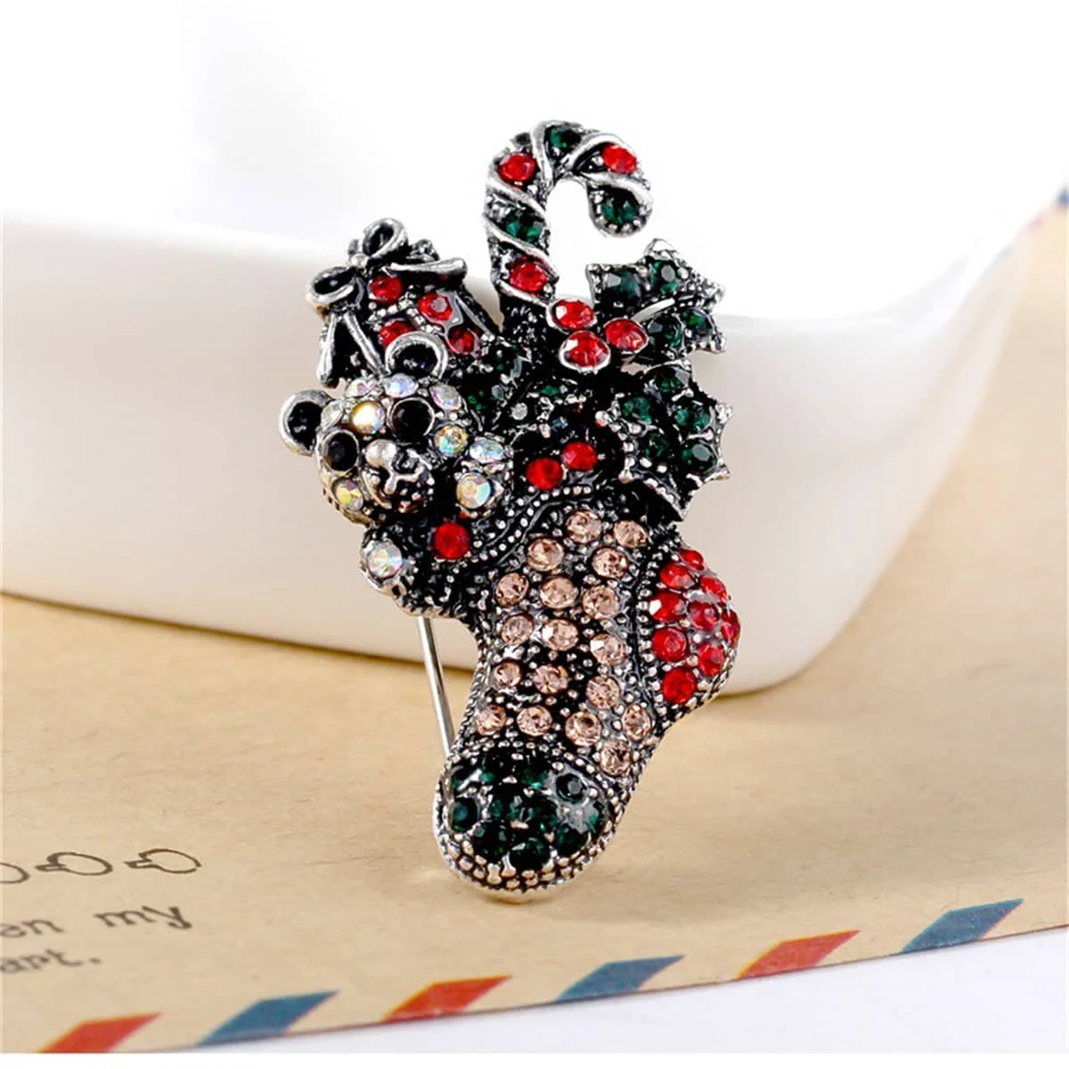 Premium Red Cubic Zirconia Silvertone Christmas Gift Box Stocking Brooch Responsible