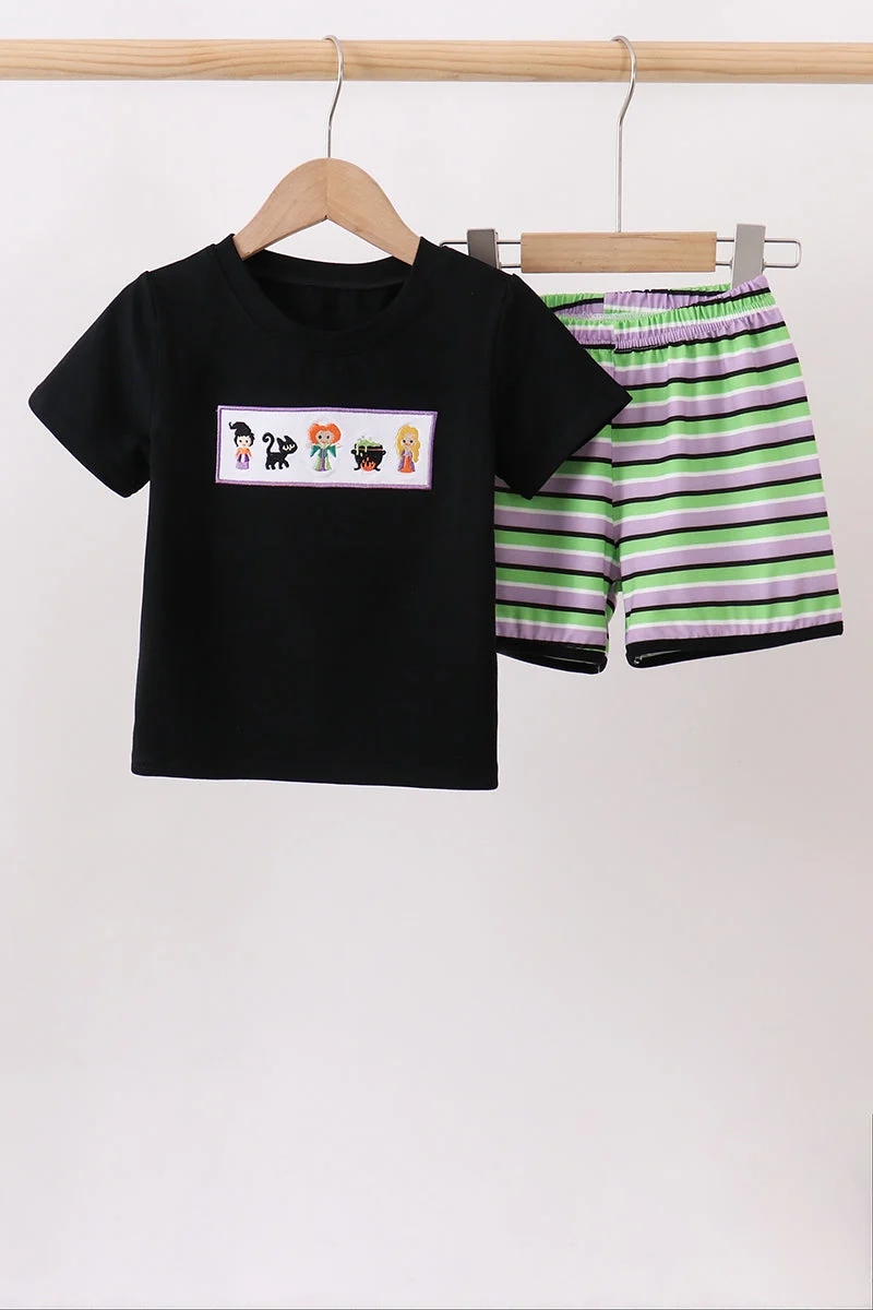 Trendy Black witch embroidery stripe shorts set Convenient