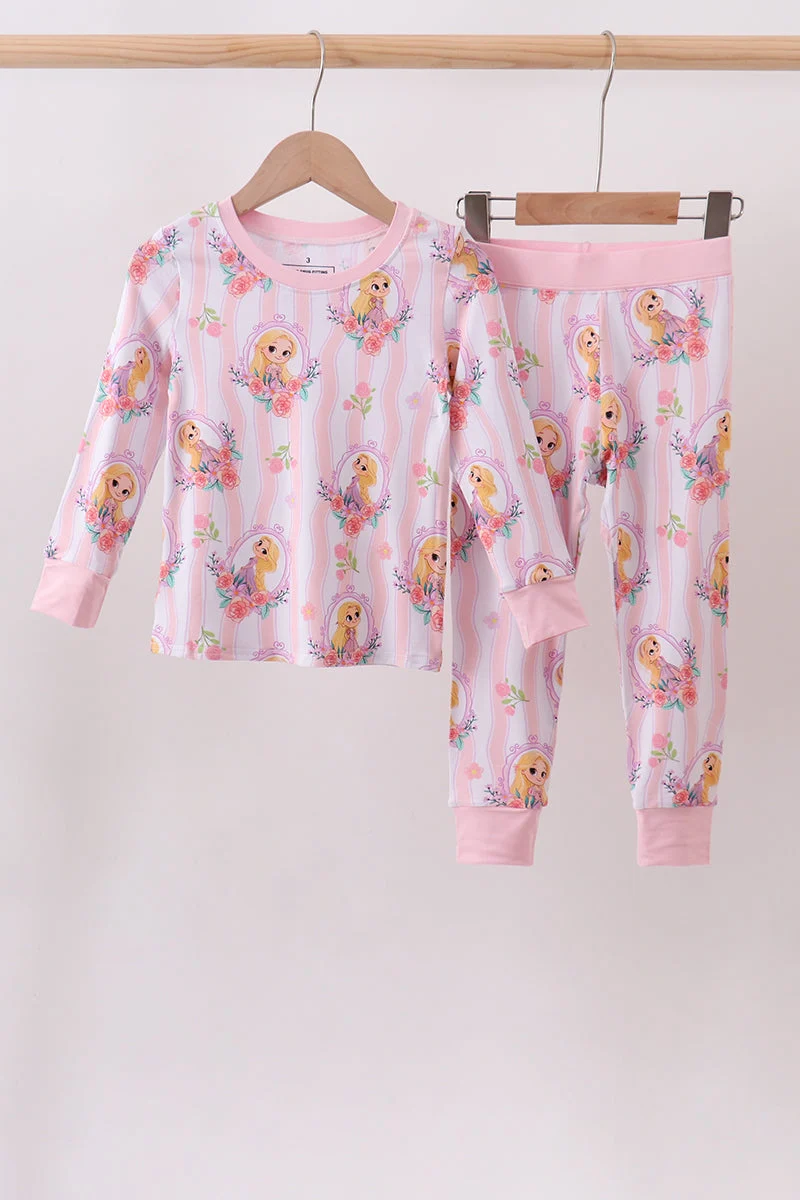 Expertly Made Pink princess stripe bamboo pajama set First-Class