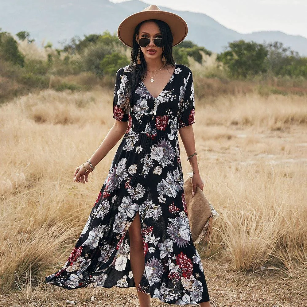 World-Class Floral Summer Beach Dress With V Neck Elastic Waist Dresses For WomenFloral Summer Beach Dress - Effortless Elegance Awaits Advanced