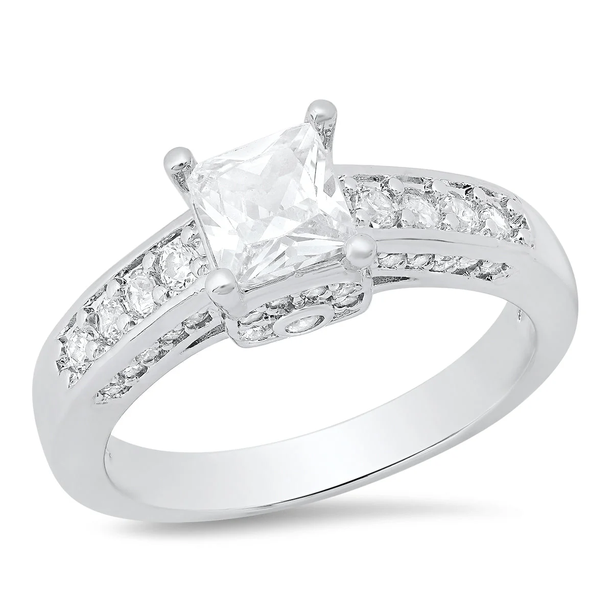Recyclable 18K White Gold Plated Brass And Simulated Diamonds Square Engagement Ring Relaxed