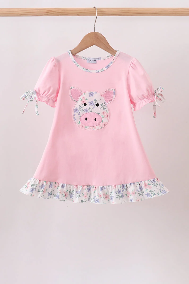 Verified Pink Piggy Applique Ruffle Dress Exclusive