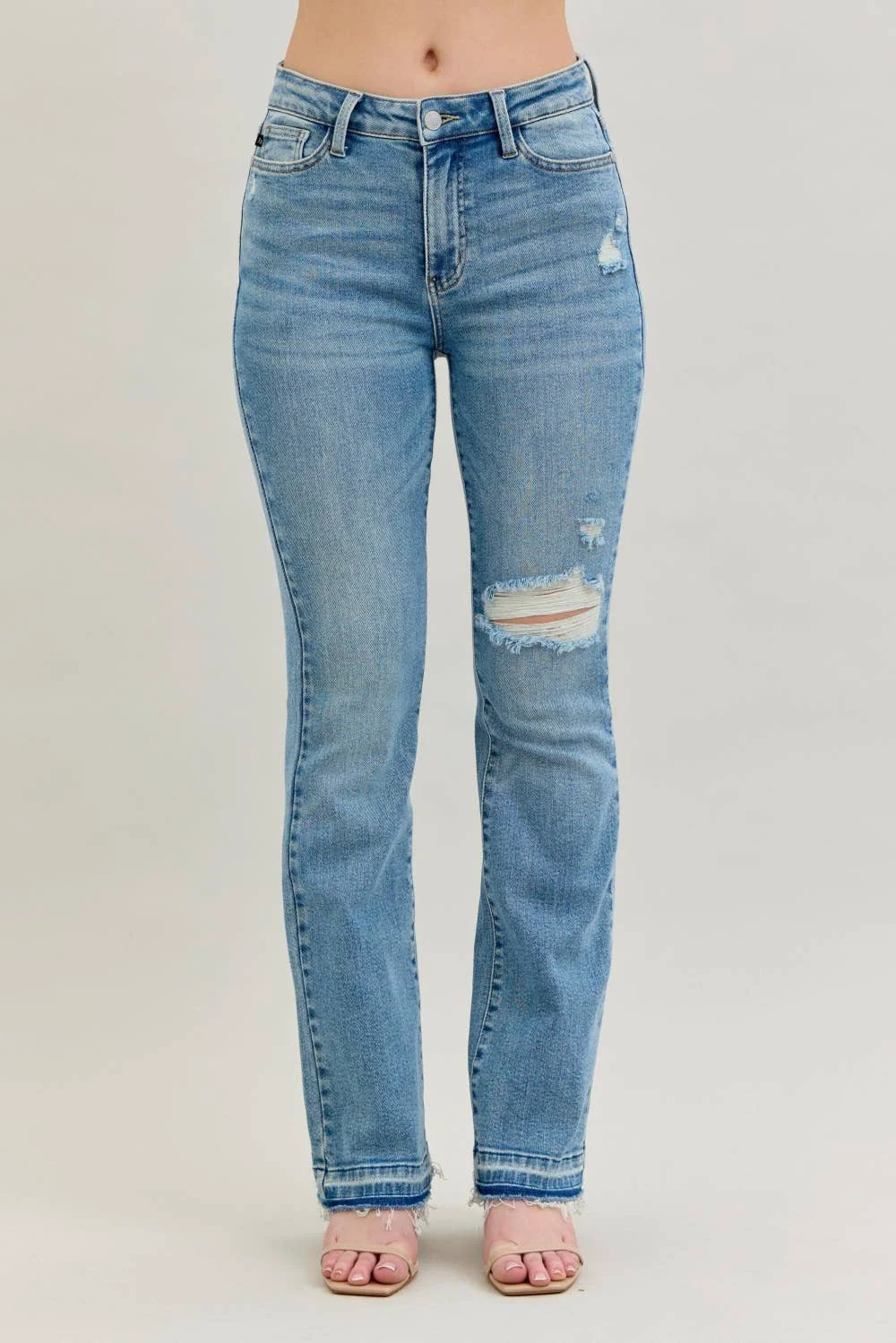 Dependable Daria - Mid Rise Destroy Released Hem Bootcut Jeans Crafted