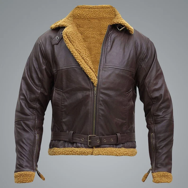 Healthy B3 Men Flying Aviator Winter Sheepskin Shearling Bomber Leather Jacket Original