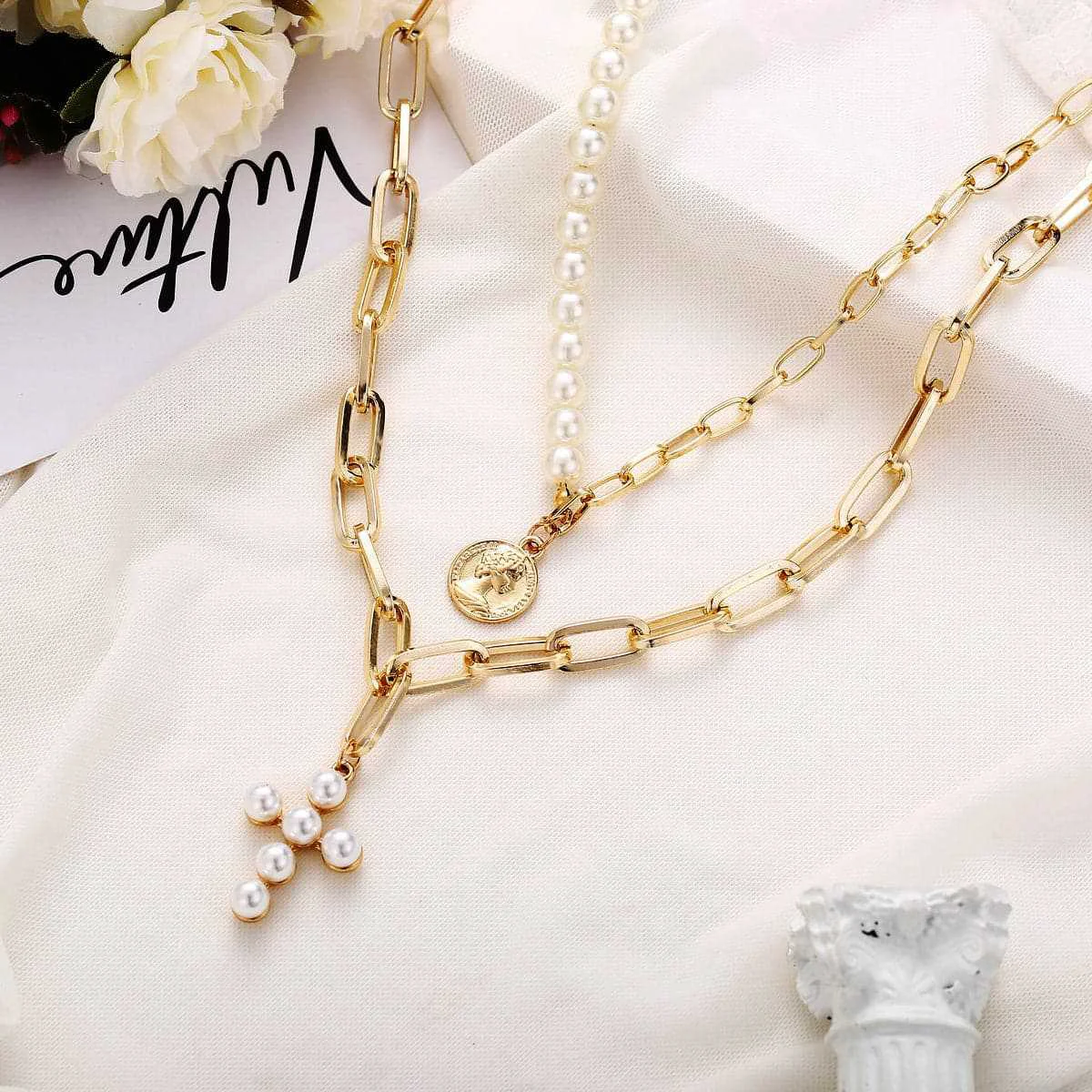 World-Class Pearl Goldtone Cross Layered Pendant Necklace Contemporary
