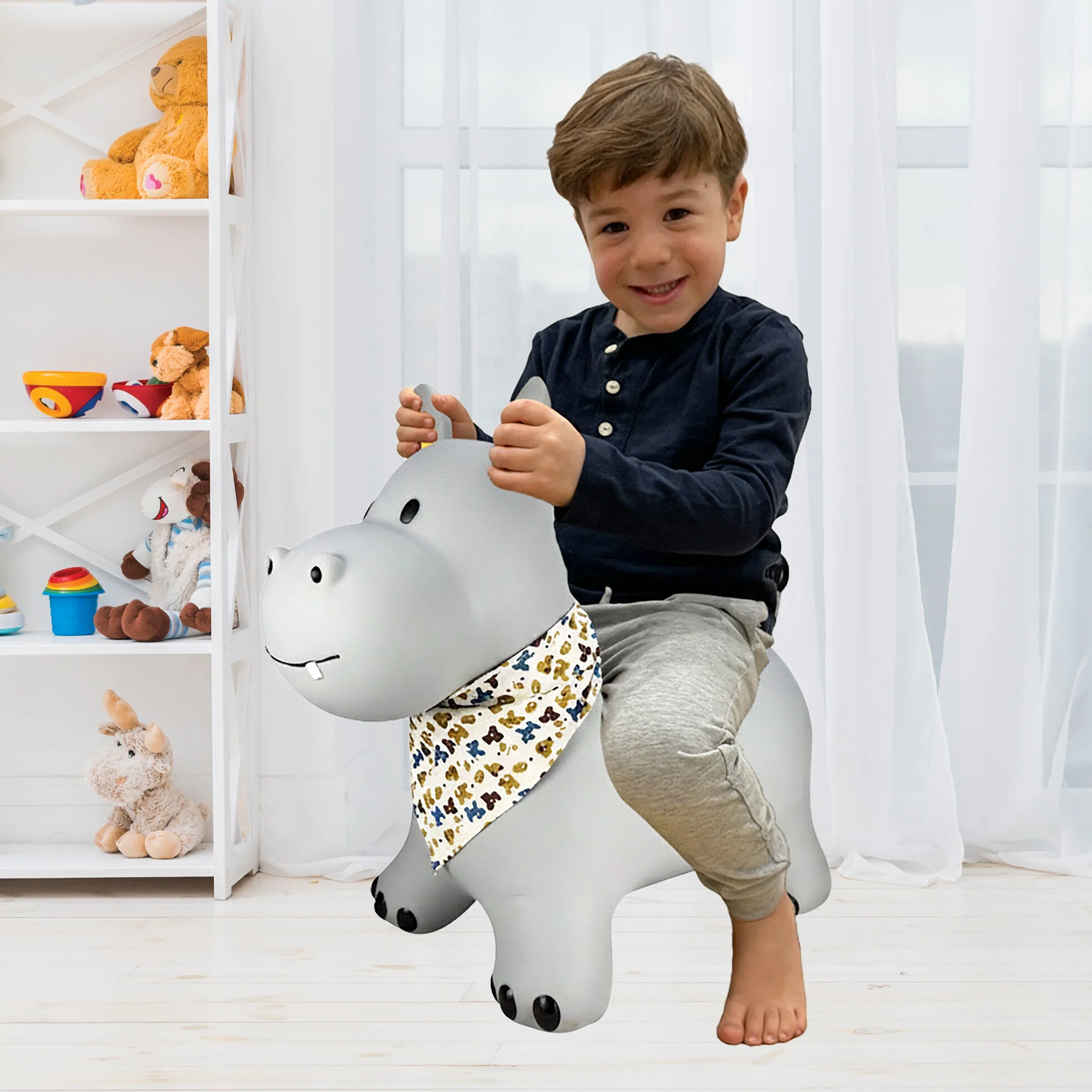 High-Quality BounceZiez Inflatable Bouncy Ride-On Hopper with Pump - Gray Hippo Proven