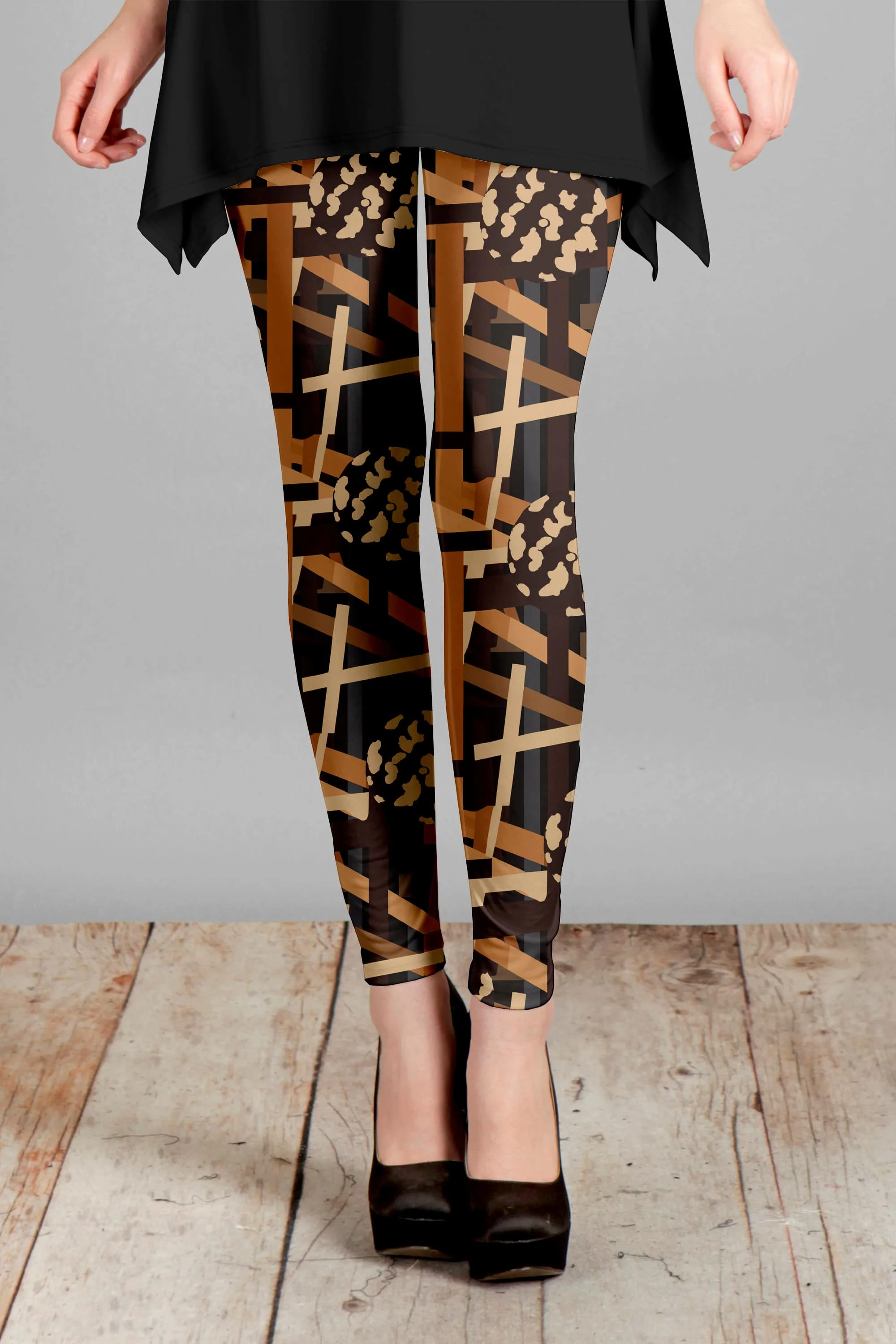 Convenient Lily by Firmiana Women's Medium Rise Leggings Brown and Tan Linear Geometric Casual