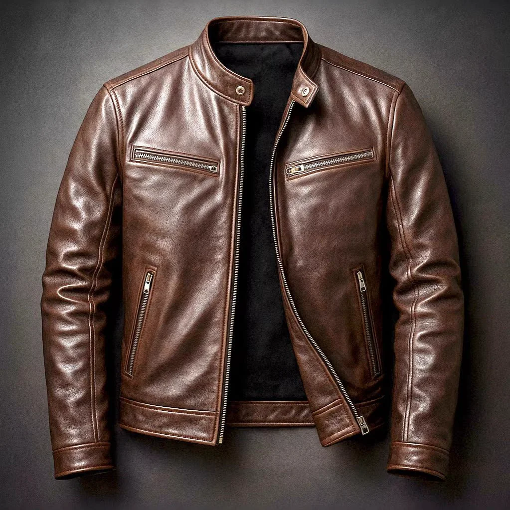 Artisan Mens PU Leather Motorcycle Jacket With A Stand-Up Collar Optimized