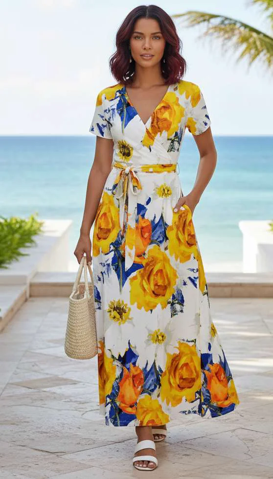 Trusted Lily by Firmiana Women s Short Sleeve Maxi Dress Women s Apparel White Yellow Sunflower Print User-Friendly