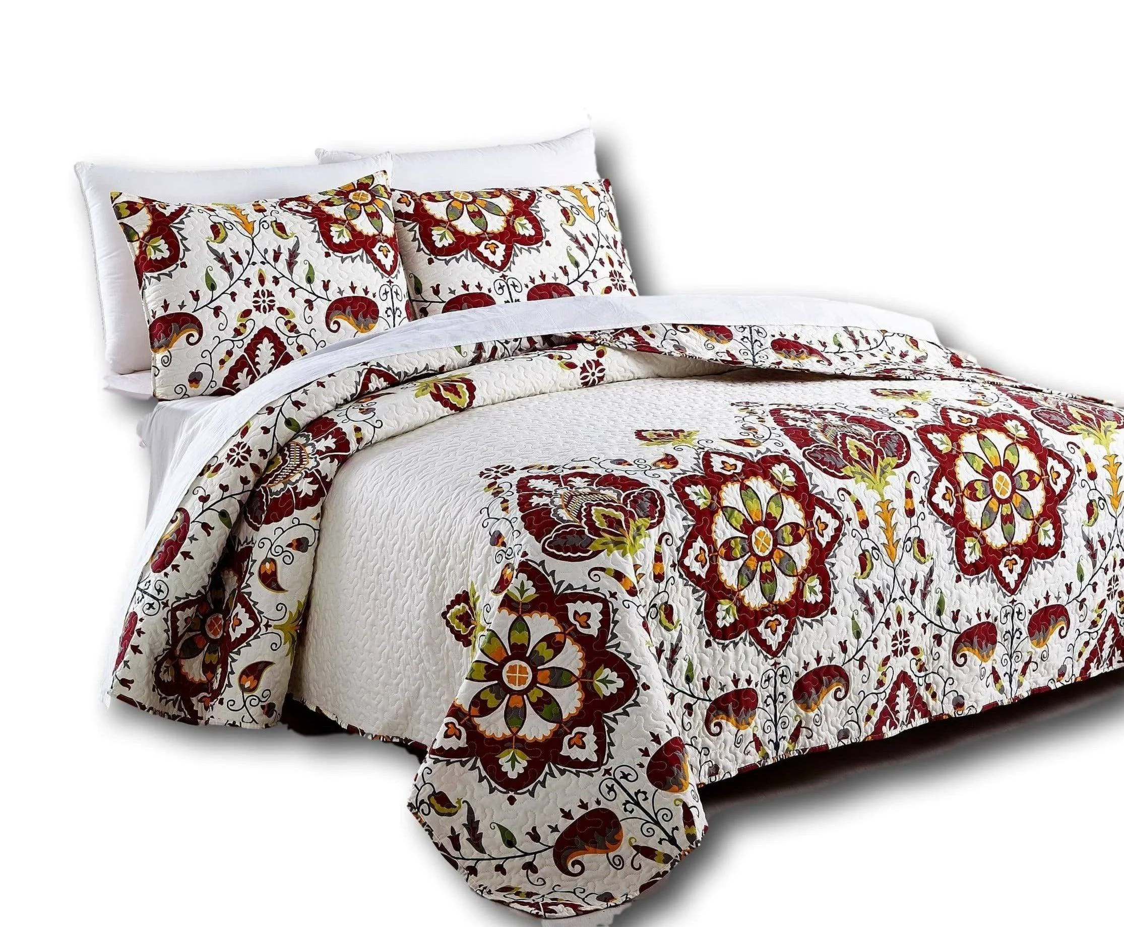 Certified DaDa Bedding Casablanca Garden Mediterranean Floral Red White Quilted Bedspread Set HS-11130 Smooth