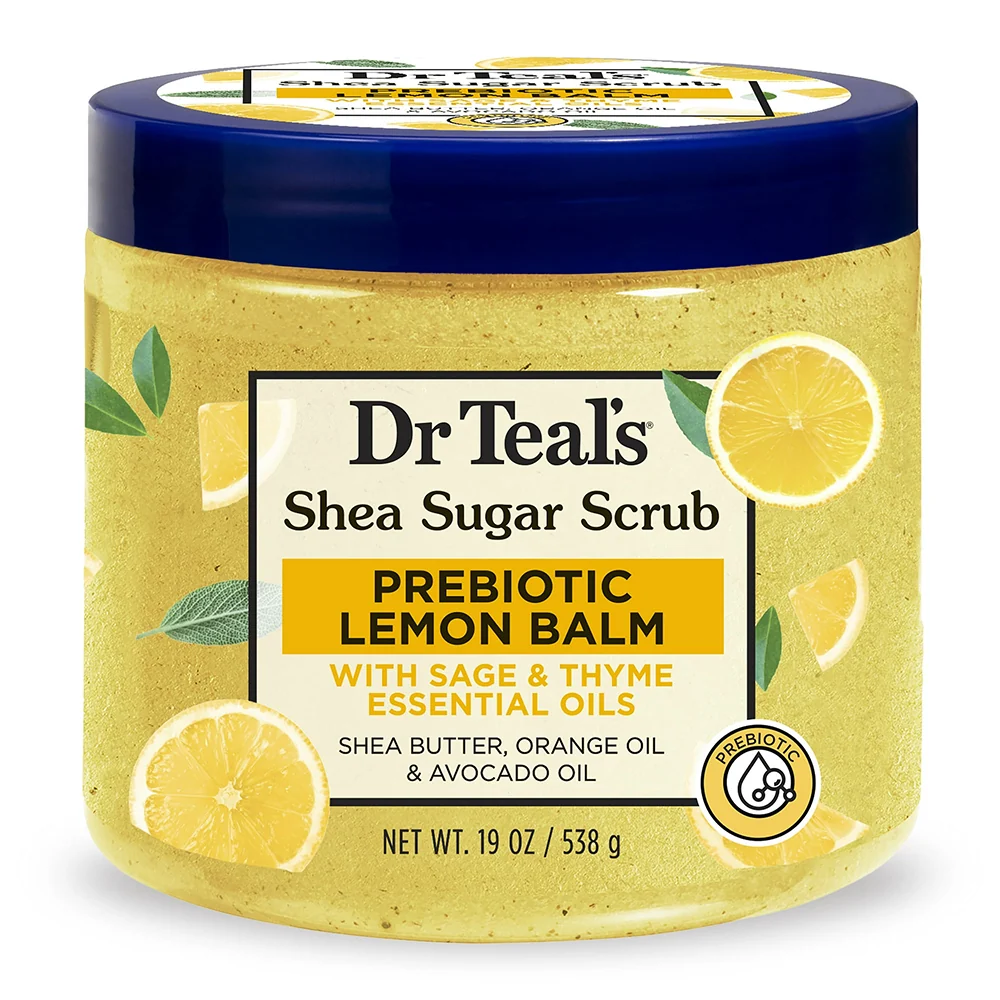Breathable Dr Teals Shea Sugar Body Scrub with Prebiotic Lemon Balm for Exfoliating and Moisturizing Skin 19Oz 538g Convenient