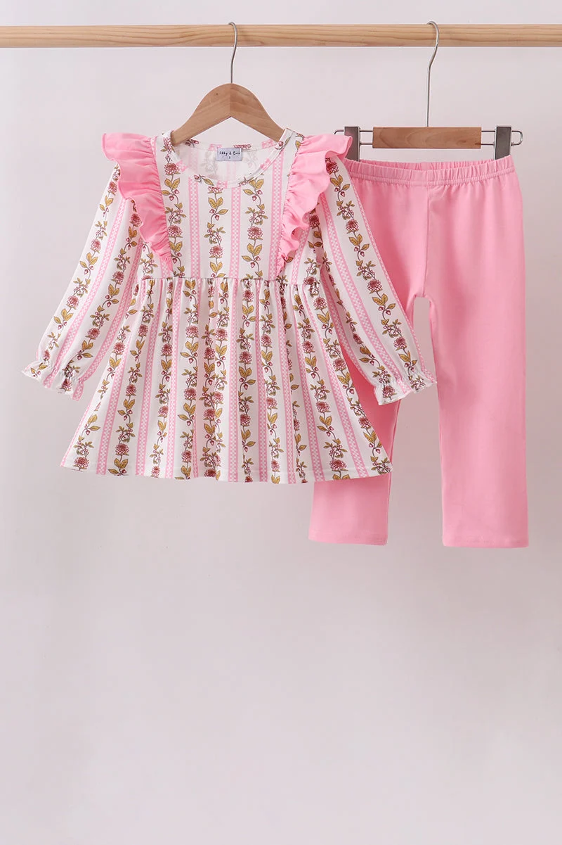 Traditional Pink Rose Stripe Ruffle Pants Set Premium