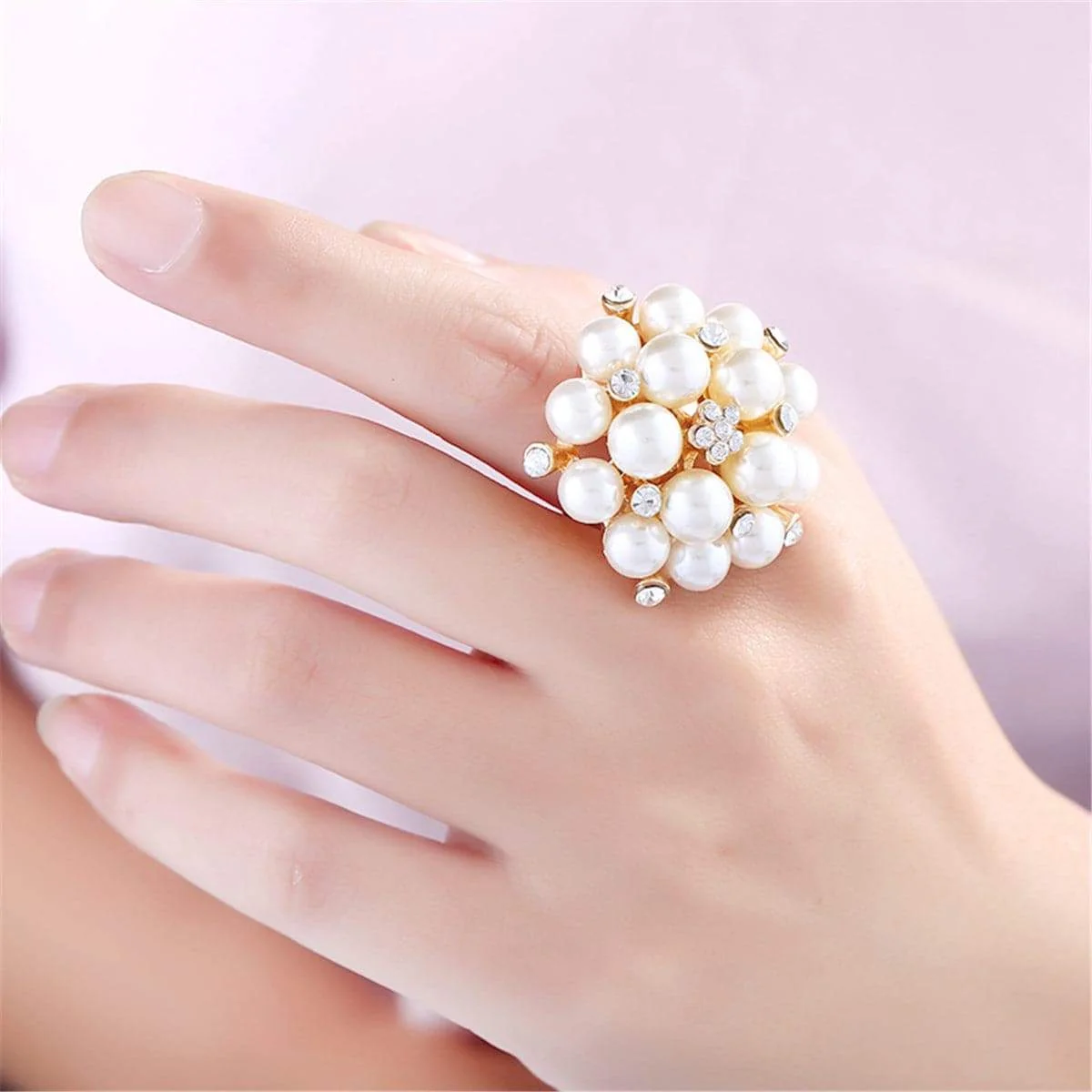 Verified Pearl Cubic Zirconia Goldtone Floral Adjustable Ring Green
