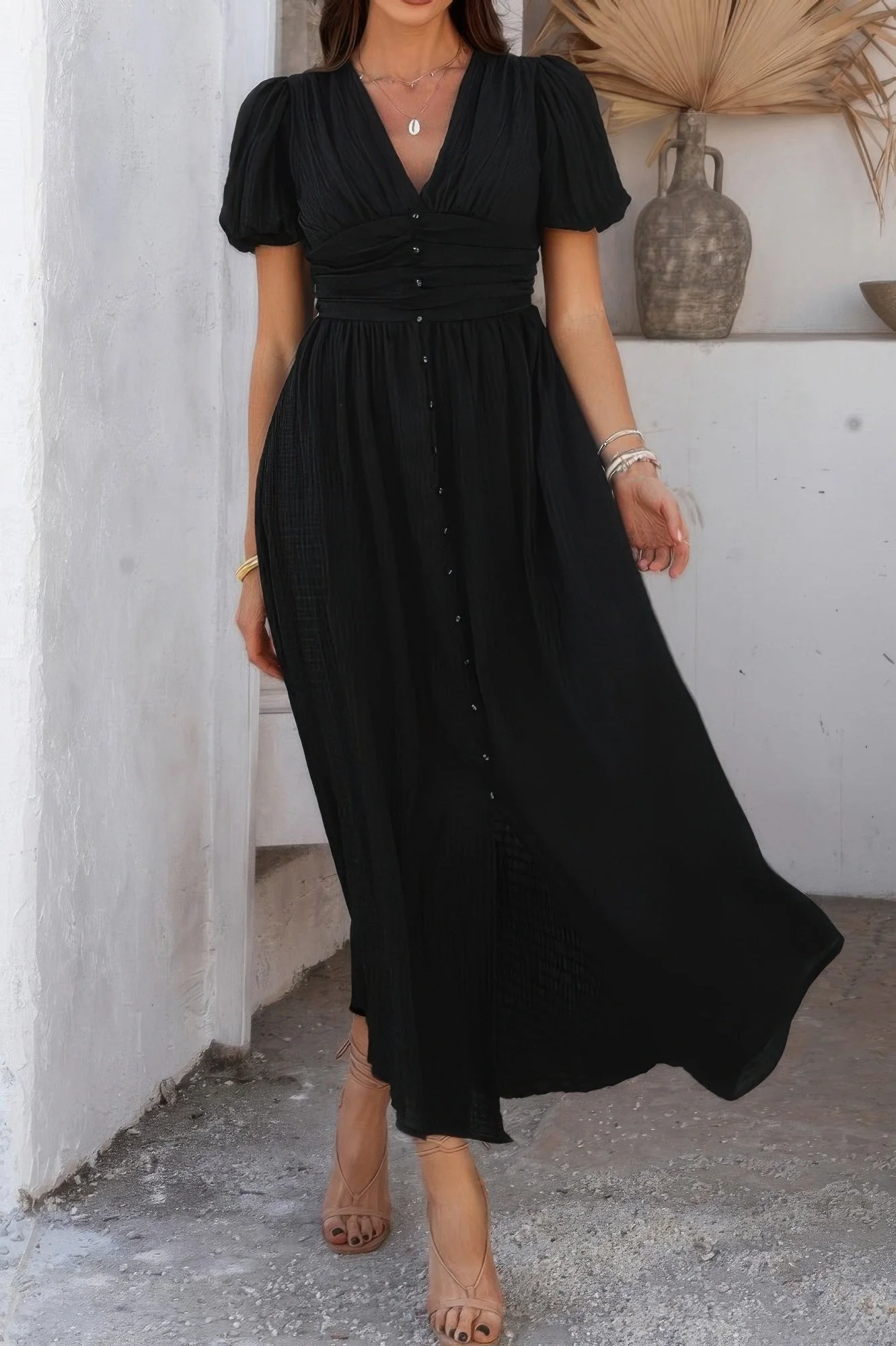 Artisan Solid V Neck Puff Sleeves Solid Knot Detail Dress