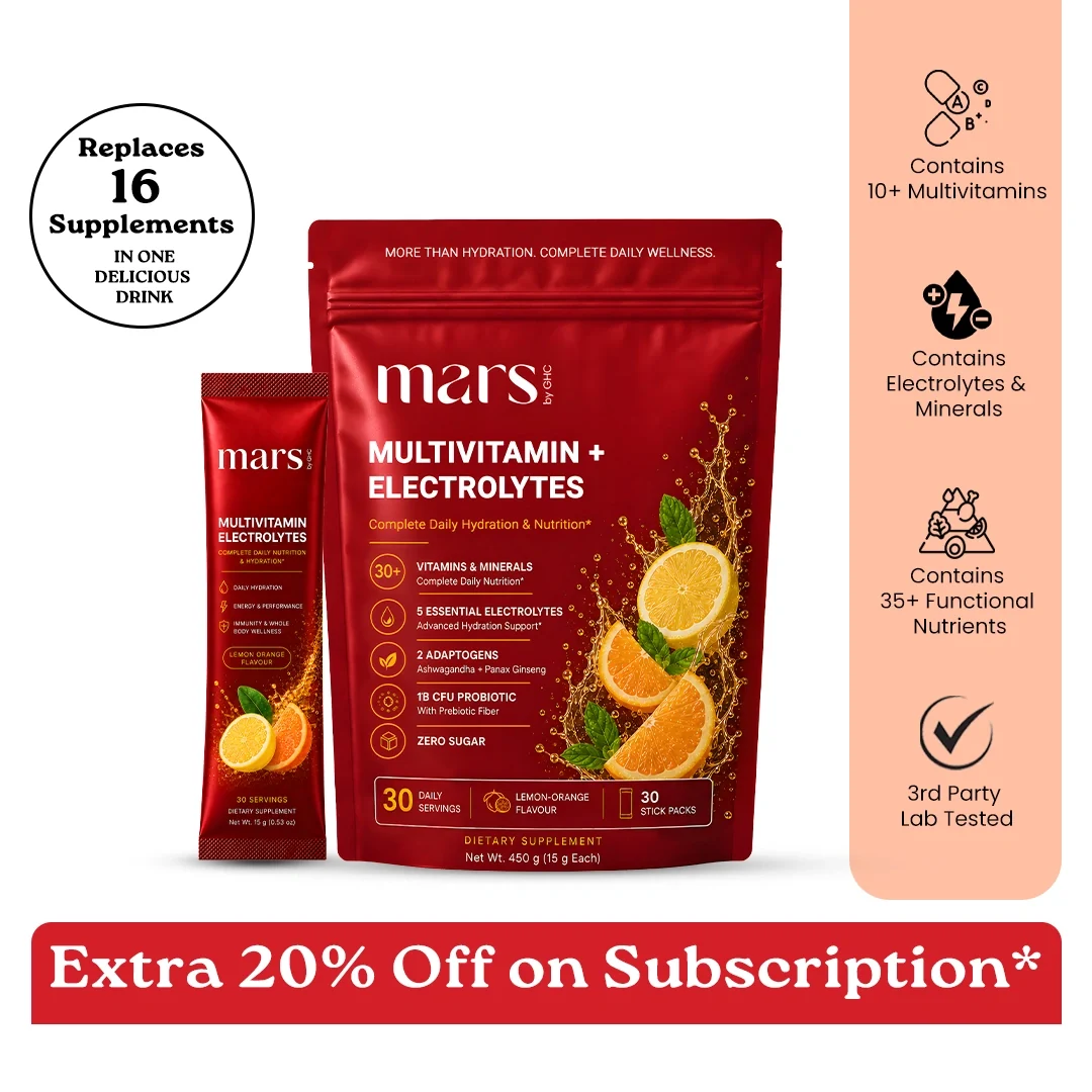 Effective Mars Multivitamin Electrolytes Powder with Vitamins Minerals Adaptogens Probiotics Electrolytes Lemon Orange Flavour - Daily Hydration Energy Recovery Whole Body Wellness 30 Servings Original Design