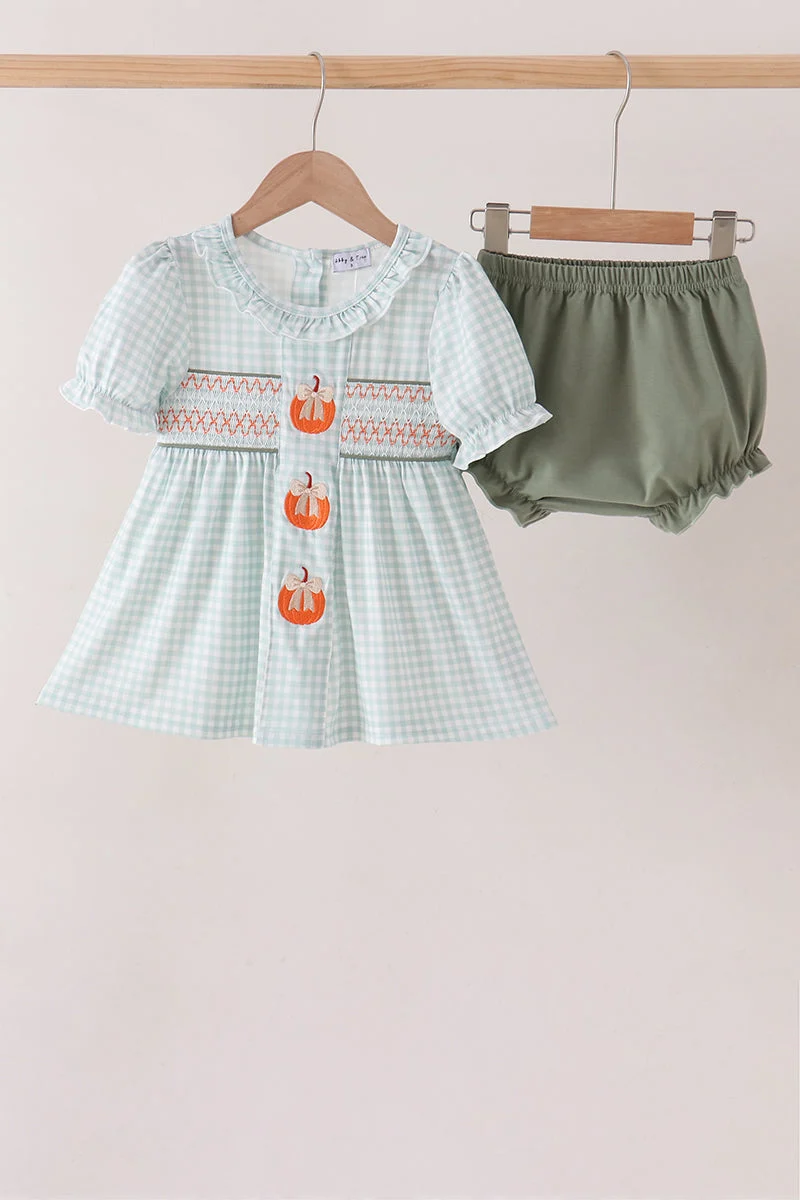 Excellent Sage Pumpkin Smocked Gingham Bloomer Set Artisan