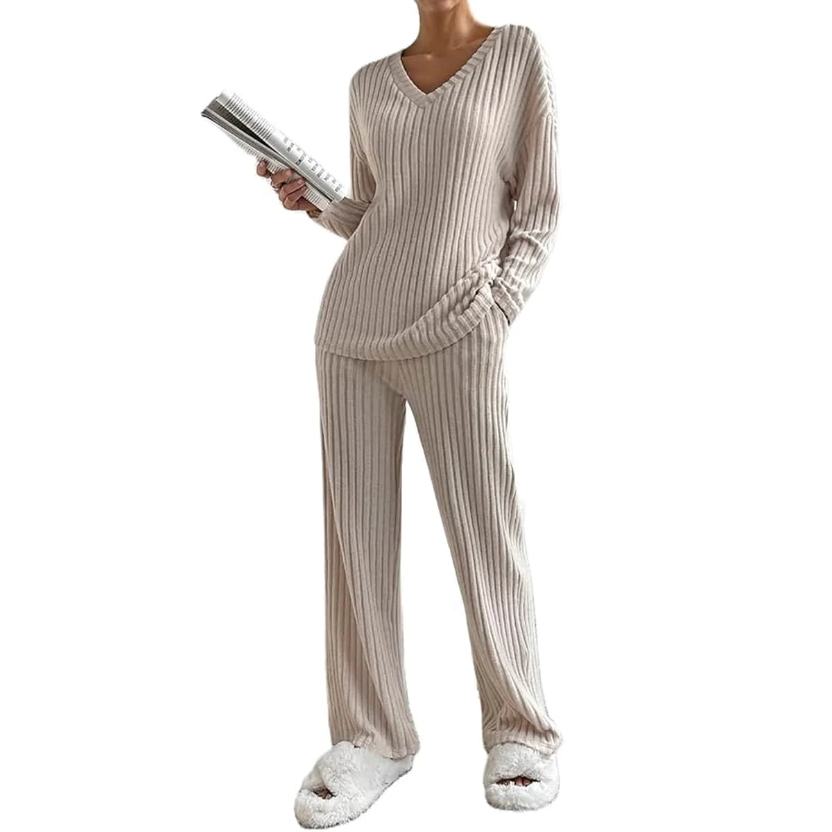 Sophisticated Women's Soft Ribbed Knit Long Sleeve V-Neck Loungewear Set with Pockets Verified