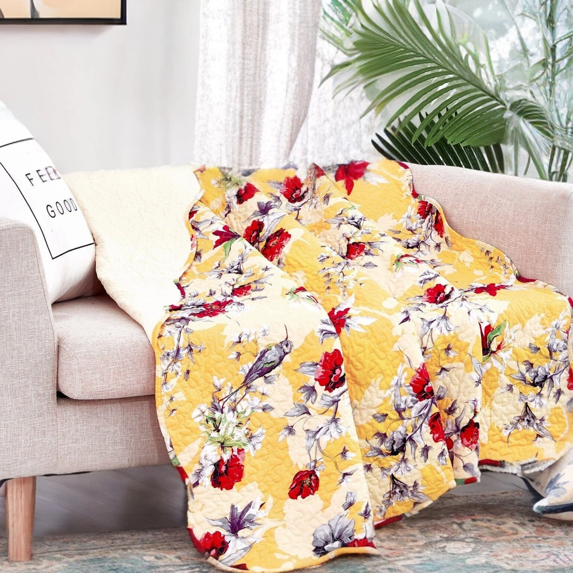 Traditional DaDa Bedding Yellow Floral Quilted Throw Blanket - Hummingbirds Farmhouse Red Flowers for Couch Sofa or Bed- Scalloped Edges - 50 x 60 Safe