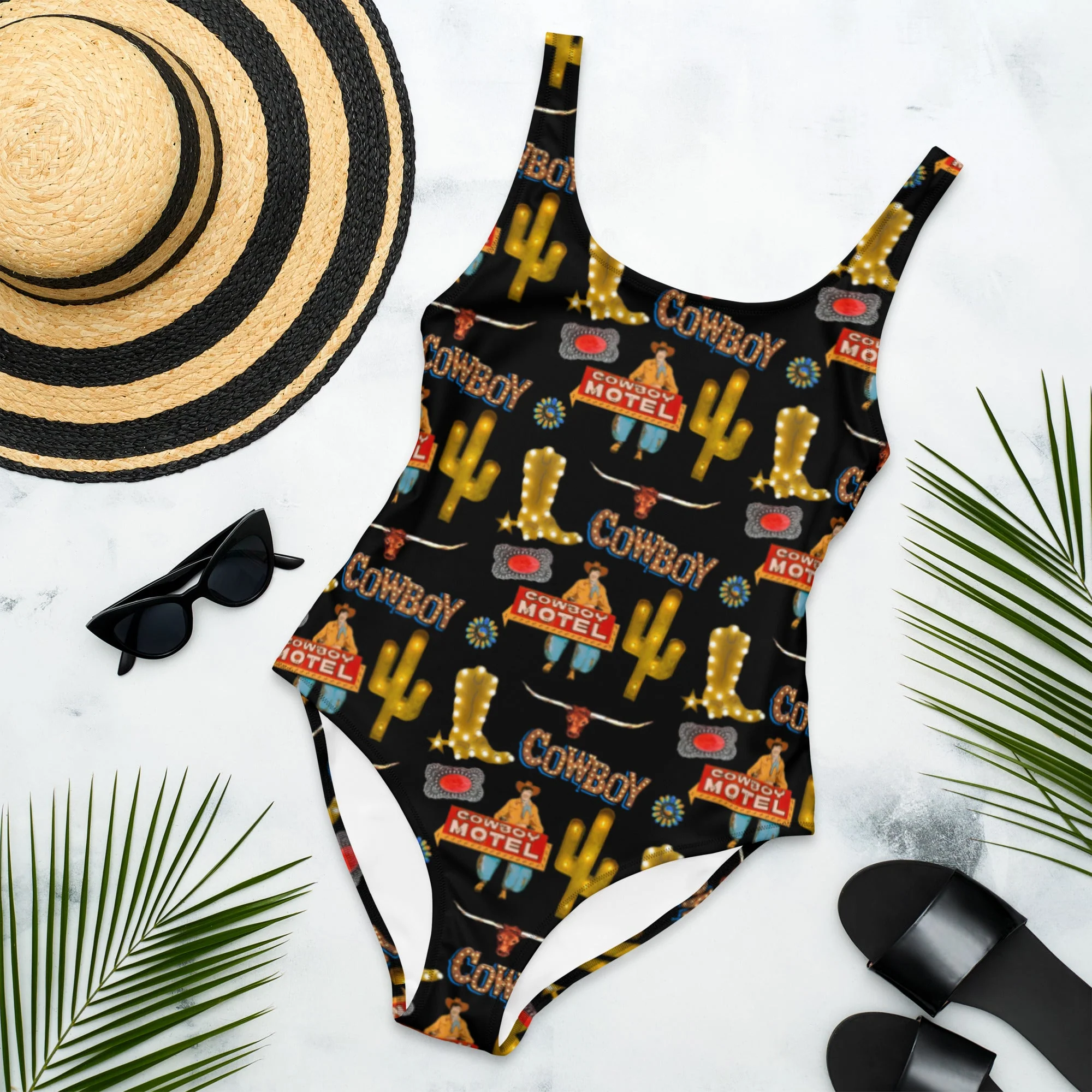 Lightweight Baha Ranch Yeehaw All Cowboy One Piece Swim Suit Enhanced