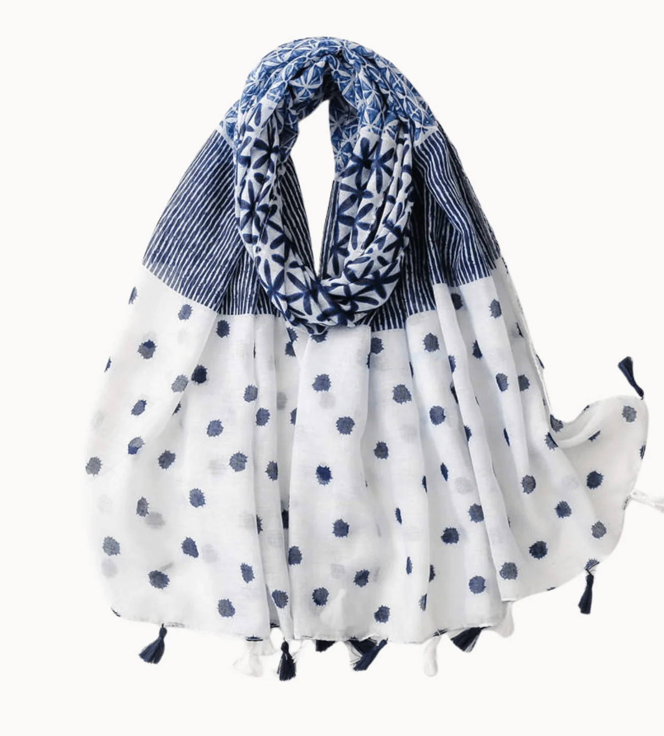 Breathable Geometric and Navy Dot Scarf with Tassels Flexible