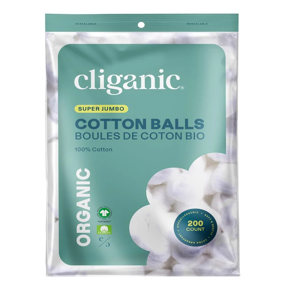 Trendy Cliganic Organic Super Jumbo Cotton Balls for Skincare 200Ea Solid