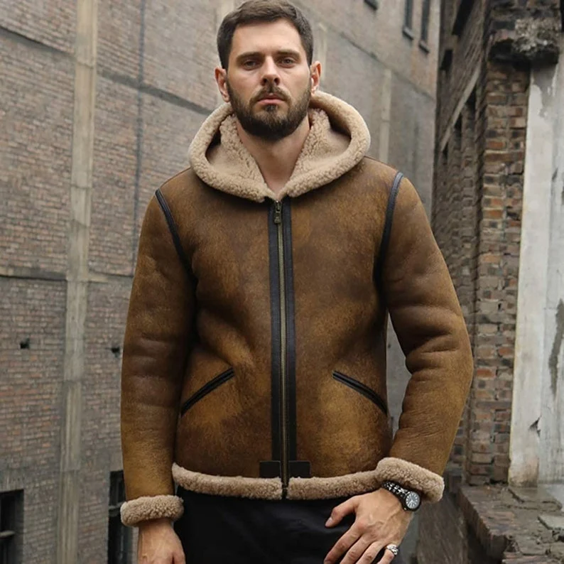 Fine Crafted Men s Brown Shearling Aviator Leather Bomber Jacket With Fur Organic